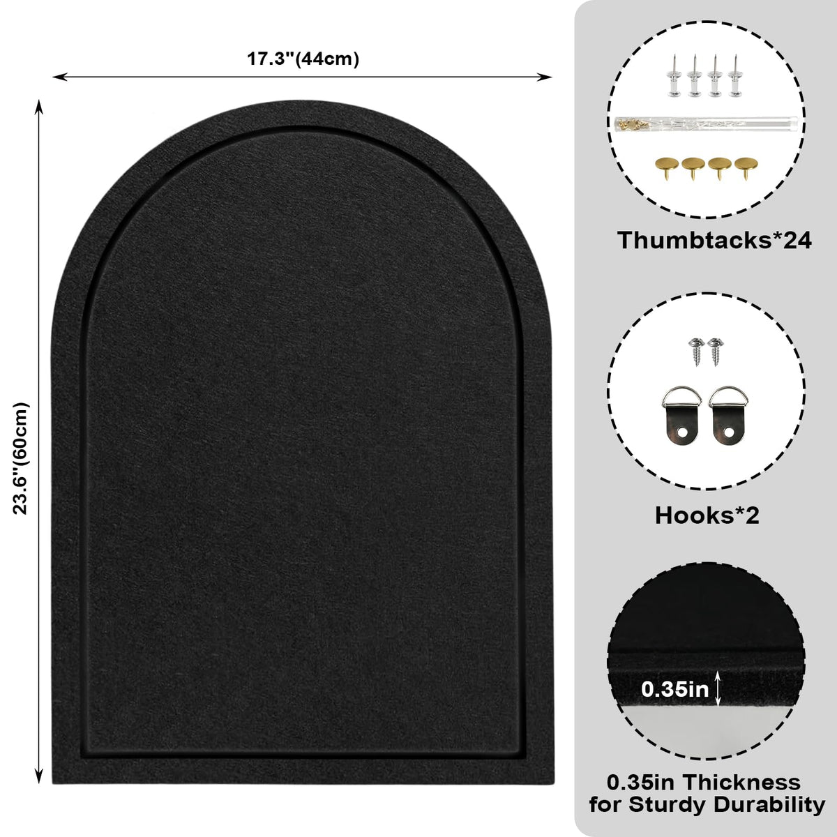 Arched Felt Bulletin Board, Sized 24" x 18" Cork Board Alternative Grooved Edge Foldable for Office & Wall, Customizable Adhesive Tiles with Pins Hooks for Photo Display School Home Office, Black