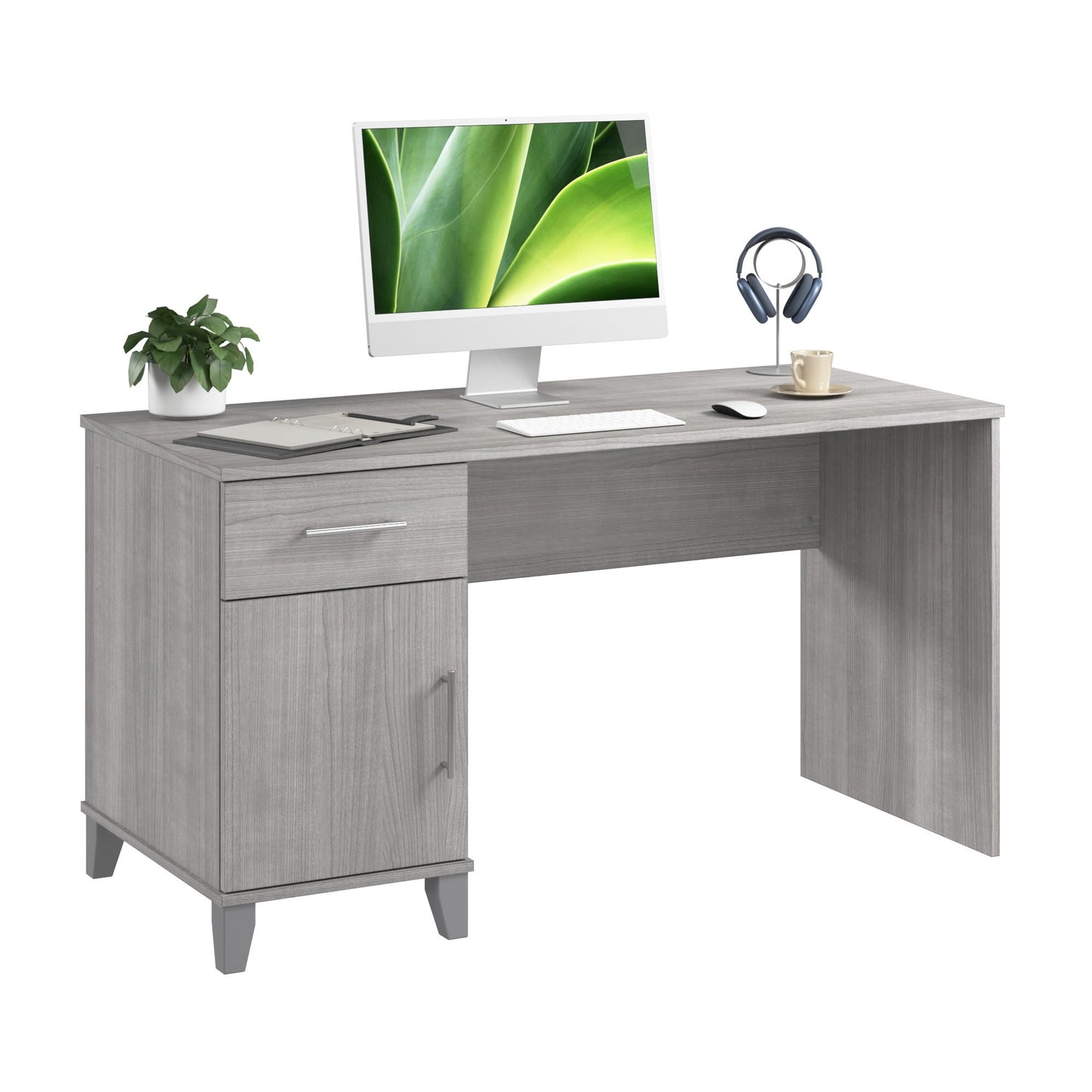 Bush Home 54-Inch Office Desk with Drawer and Storage Cabinet, Computer Desk with Box Drawer and Adjustable Shelf, Home Office Workstation Furniture, Somerset Collection, Platinum Gray