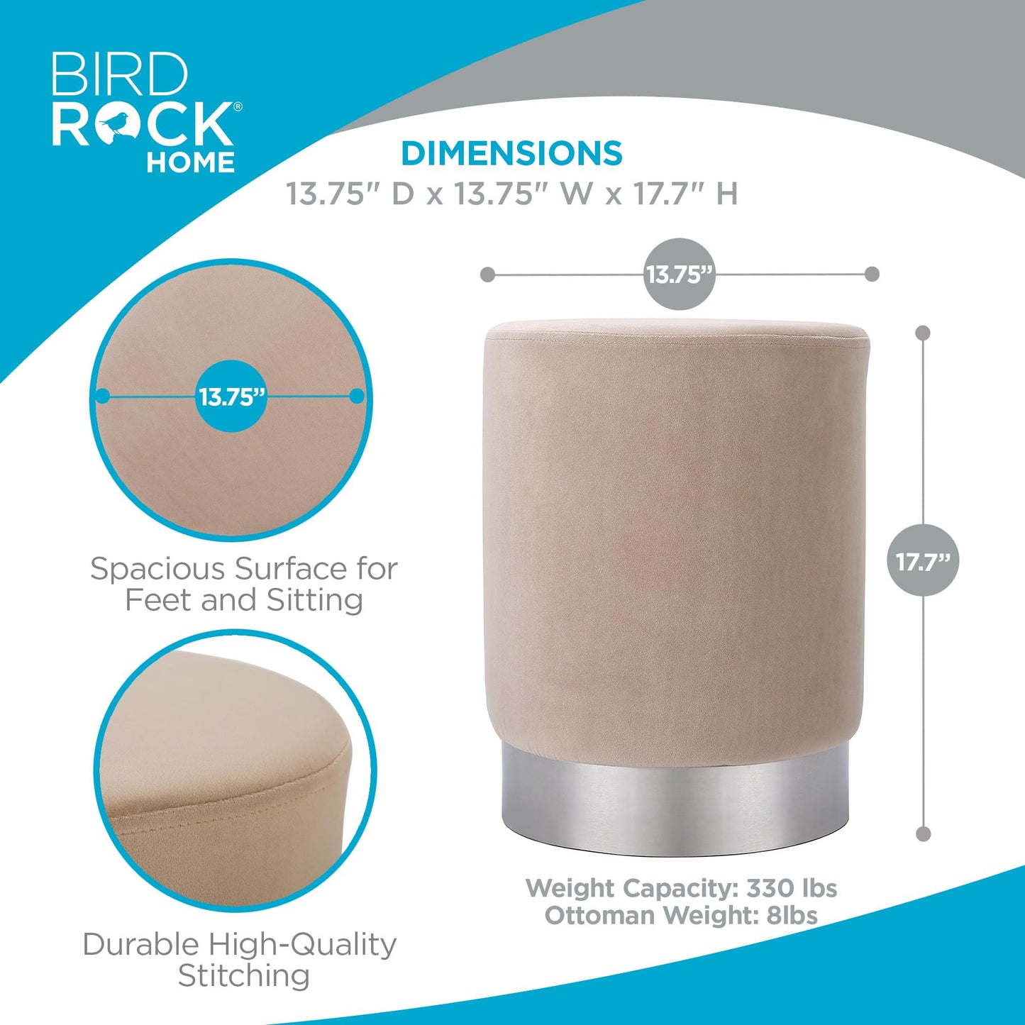 BIRDROCK HOME Round Ottoman Foot Stool – Modern Soft Padded Velvet Vanity Chair with Silver Metal Trim – Accent Chair or Foot Rest for Living Room, Bedroom, or Dressing Room (Taupe)