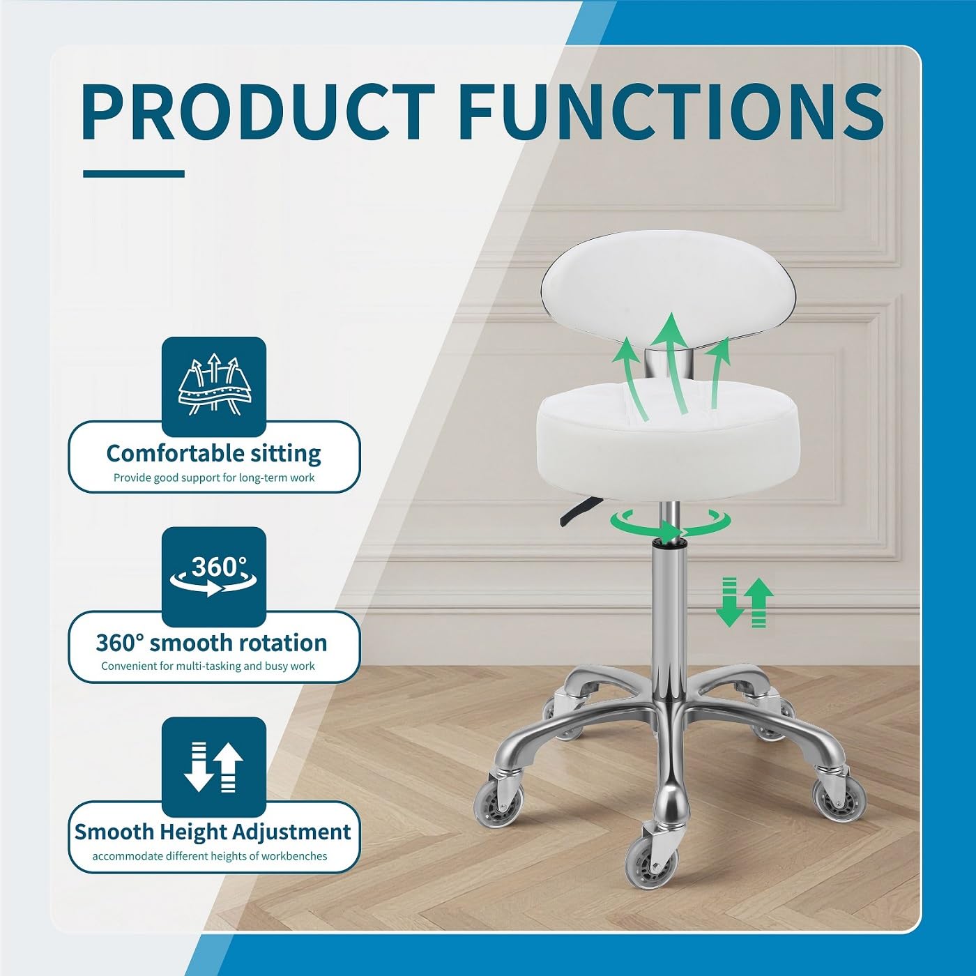 Kaleurrier Rolling Stool with Back Support: Adjustable Height 22-30 inches for Nail Lash Tech Stylist - Heavy Duty Stool Chair with Wheels for Salon Shop Office Kitchen Garage White