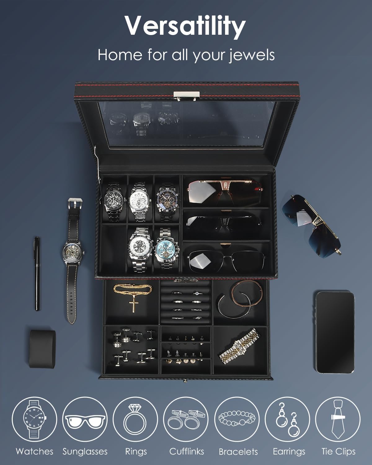 Kukikan Watch Jewelry Box Organizer, 6-Slot 2-Layer Watch Case and Sunglasses Storage with Large Glass Lid, Men's Jewelry Box with Lock, Watch Holder Display Case, Fathers Day Gift for Dad