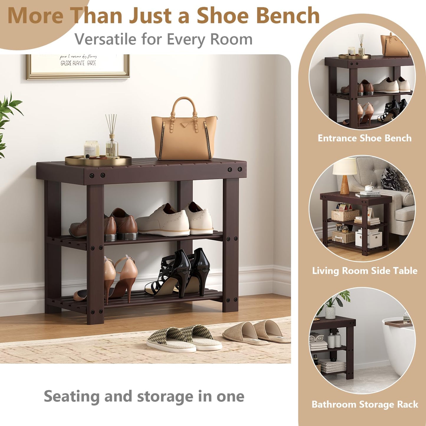 Sweetcrispy 3-Tier Shoe Rack Bench for Entryway, 286lb Capacity, Brown