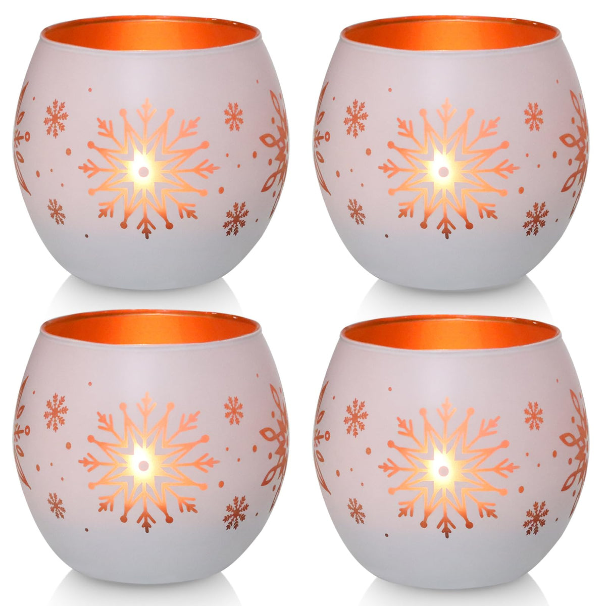 Snowflake Christmas Candle Holders Set of 4, Gold & White Glass Tealight Votive Holders for Winter Decor, Xmas Table Centerpieces, Indoor Christmas Decorations, Ideal