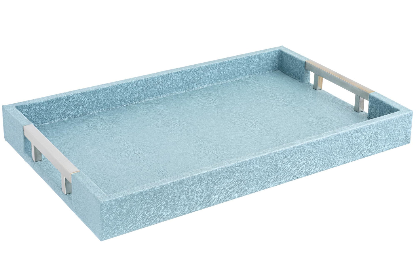 Modern 17.5"x12" Rectangle Baby Light Blue Glossy Shagreen Faux Leather Decorative Tray Ottoman Coffee Table Perfume Living Room Kitchen Serving Tray with Silver Metal Handles by Home Redefined