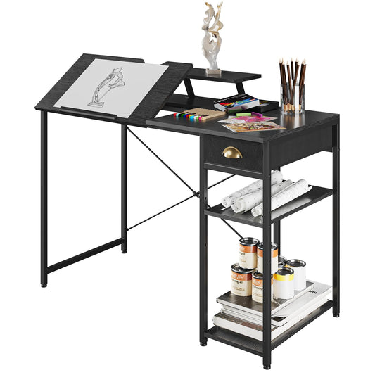 X-cosrack Drafting Table with Storage Shelves & Drawer, 43" Adjustable Art Desk with Monitor Stand for Home Office Computer, Tiltable Draft Drawing Table for Artist, Study, Writing Workstation, Black