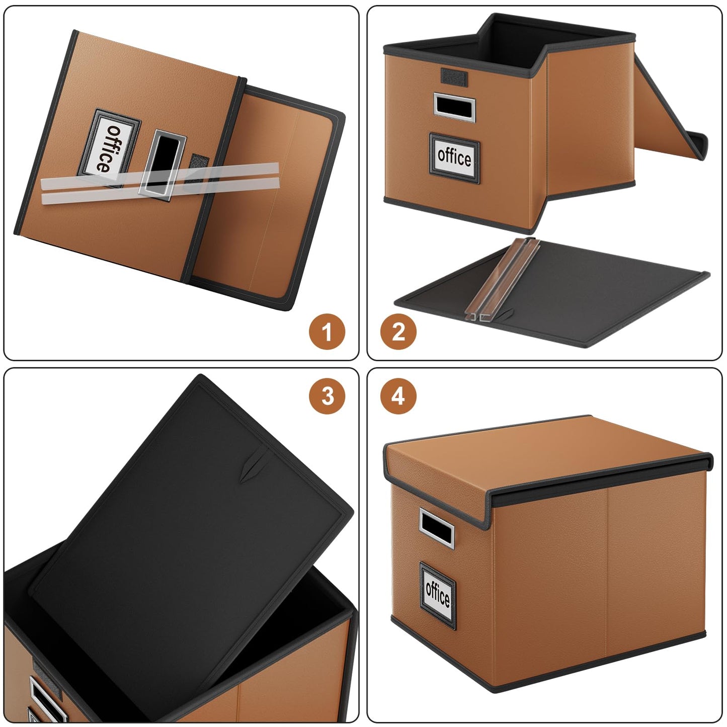 Huolewa Faux Leather File Organizer Box with Lid, Collapsible Hanging File Folder Box Organizer with Plastic Slides, Decorative Home/Office Filing System Boxes for File and Folder Storage