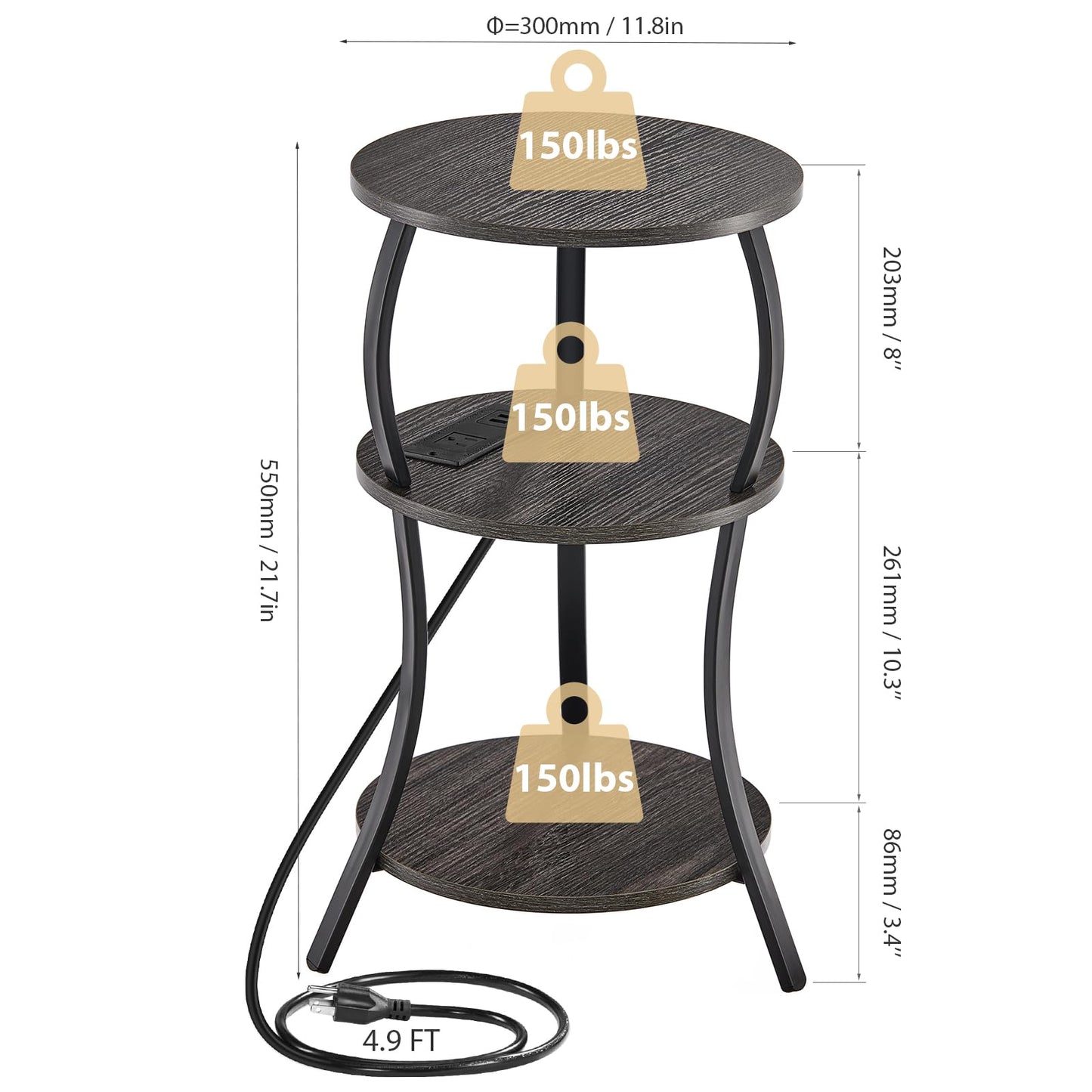 Small Round Side Table with Charging Station, 3-Tier Waist Circular End Table with Storage Shelf, Compact Tea Sofa Side Table Small Spaces, Round Corner Coffee Table for Living Room Bedroon,Grey
