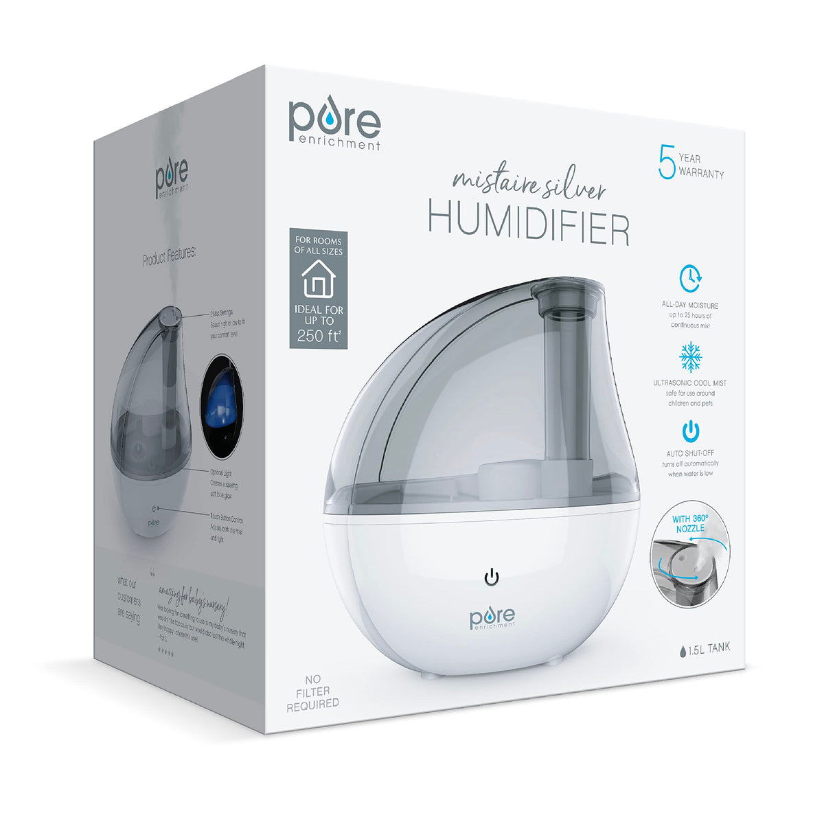 Pure Enrichment MistAire Silver Ultrasonic Cool Mist Humidifier for Bedroom, Office, Nursery & Indoor Plants - Lasts Up to 25 Hours, Whisper-Quiet Operation, Optional Night Light, & Auto Shut-Off