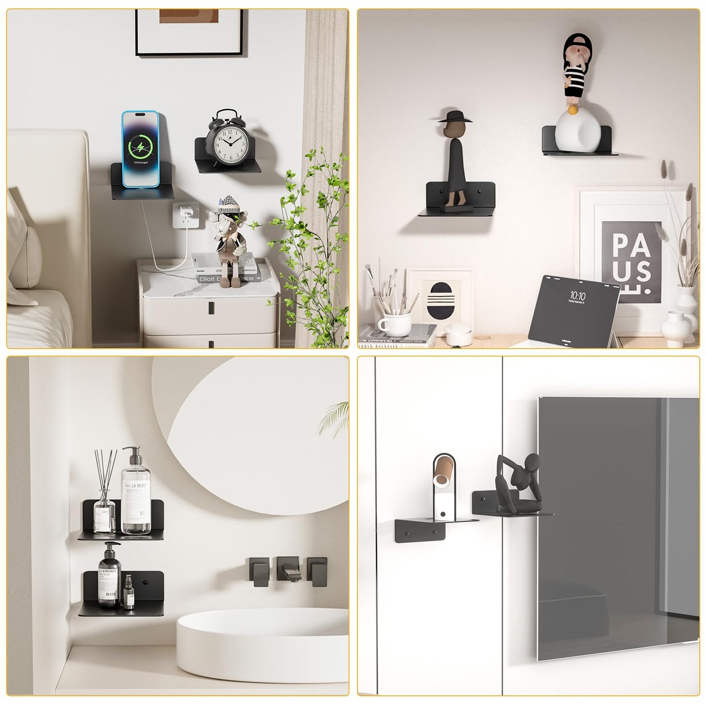 Wisfame Small Floating Shelves for Wall, 5 Inch Metal Wall Shelves - Adhesive Installation, Display Ledges Set of 2, Perfect for Echo, Cameras, Mini Decor, Funkos, Figurines (Black)