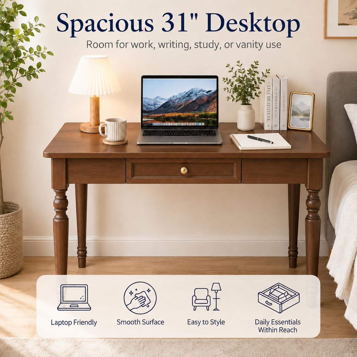 TYHRZNJJ 31" Solid Wood Writing Desk with Drawers – French Country Computer Desk for Home Office, Bedroom, Living Room, or Study(Walnut,31 x 24 x 30 in)