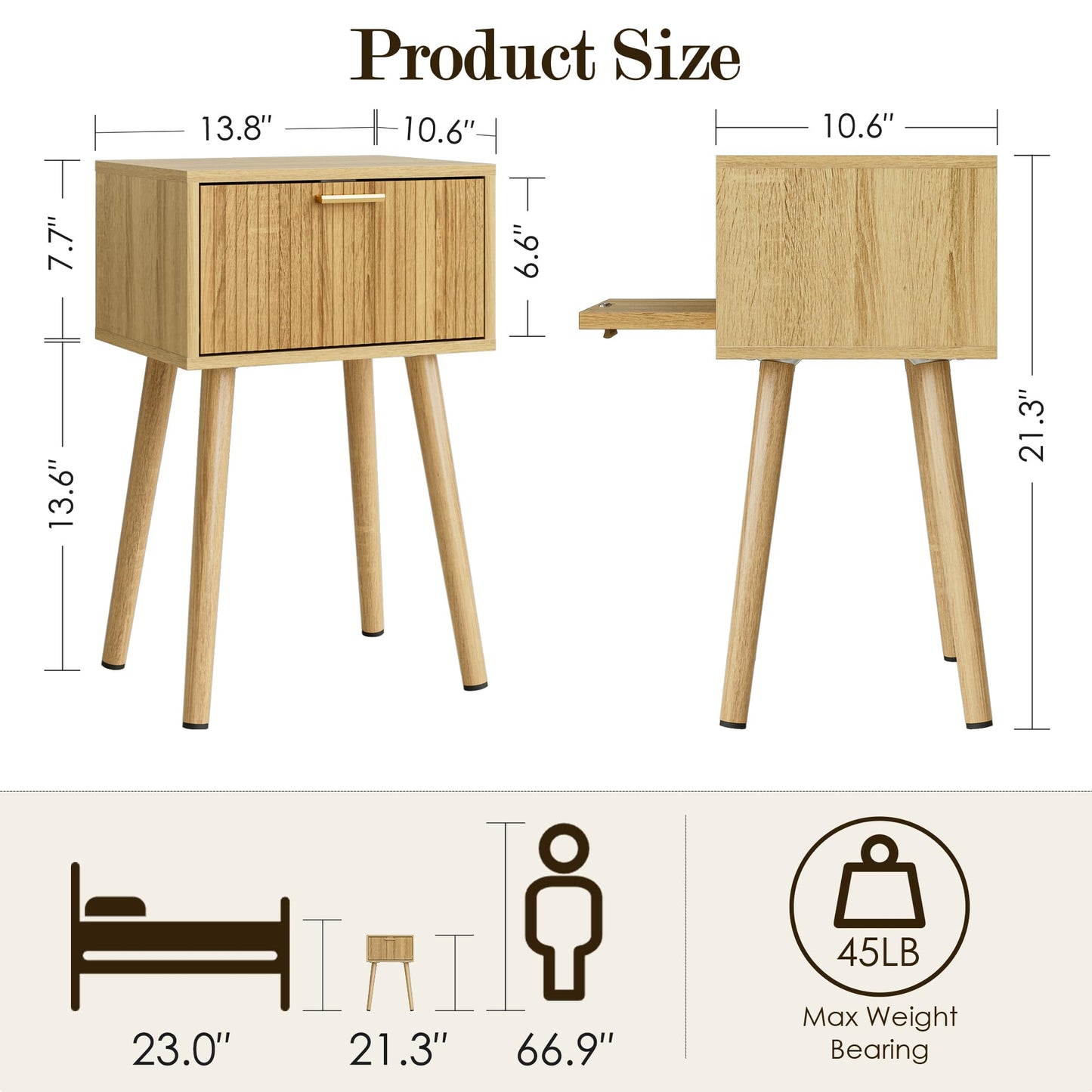 ASACESCU Night Stand, Oak Nightstand with Fluted Door, Small Modern Mid-Century Bedside Table for Bedroom, End Table for Living Room