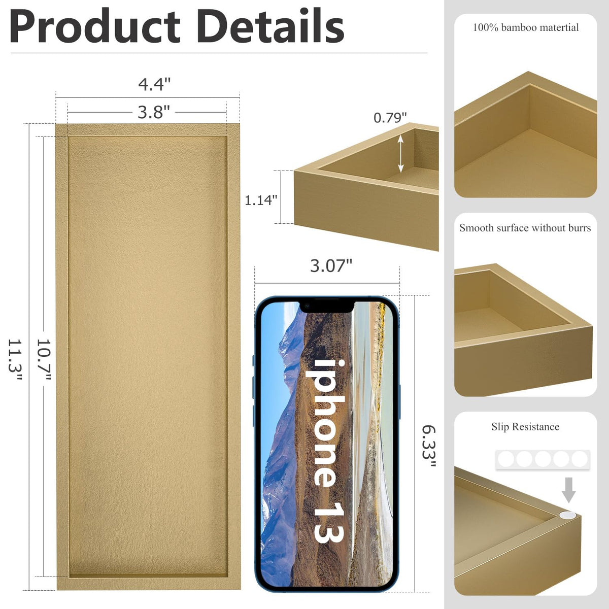 ZHWS Gold Bathroom Vanity Tray for Soap Dispenser, Perfume, Jewelry, Candle, Makeup, Decor, Toilet Tank Tray, Kitchen Tray for Spice, Salt, Coffee 11.3”L x 4.4”W x 1.14”H