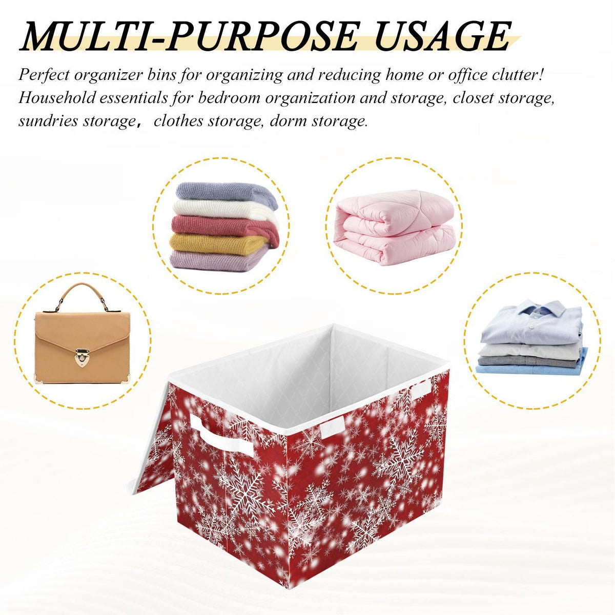 senya Christmas Baskets Collapsible Storage Bins with Lids, Christmas Background with Snowflakes Red Storage Boxes Clothes Baskets for Organizing