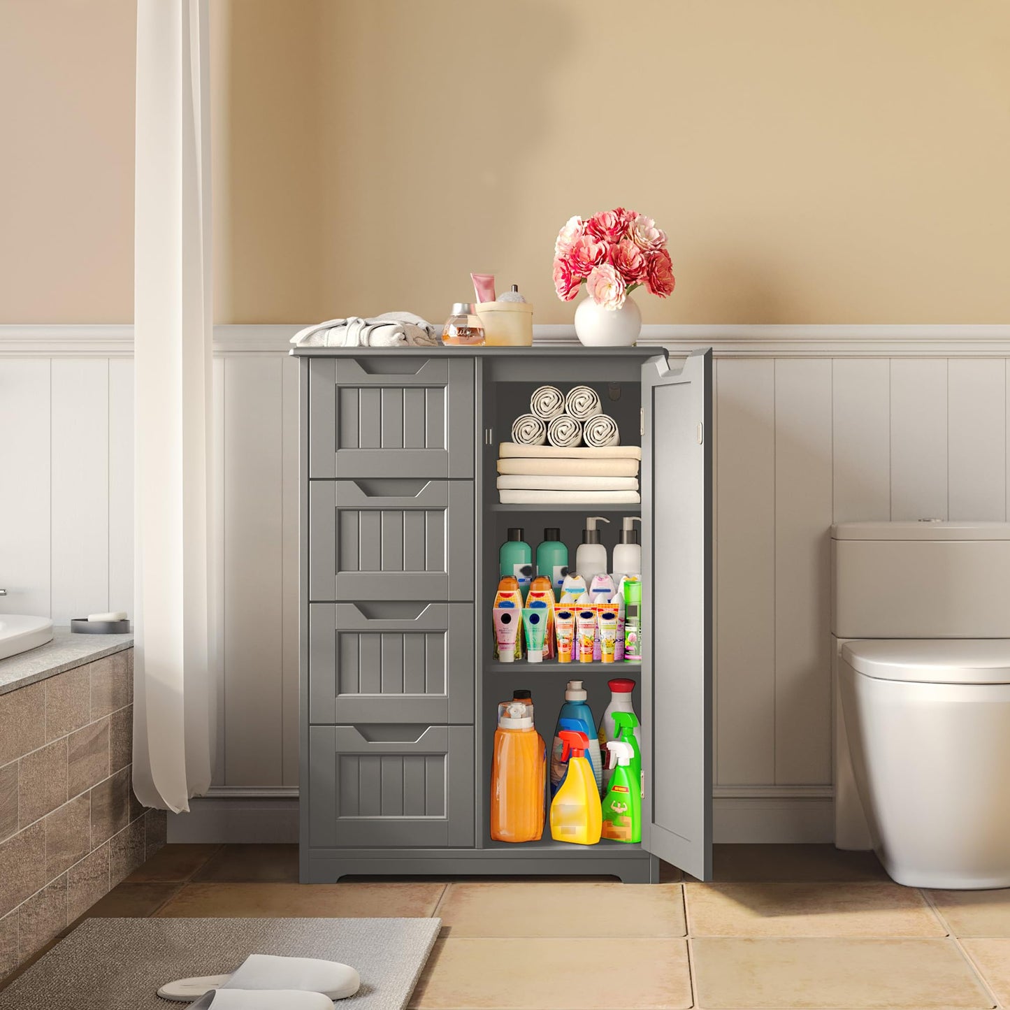 Gizoon Small Pantry with Door and Shelves, 33'' Kitchen Pantry Cabinet Freestanding Wooden Bathroom Storage Cabinet with 4 Drawers for Kitchen and Dining Room, Gray, Painted