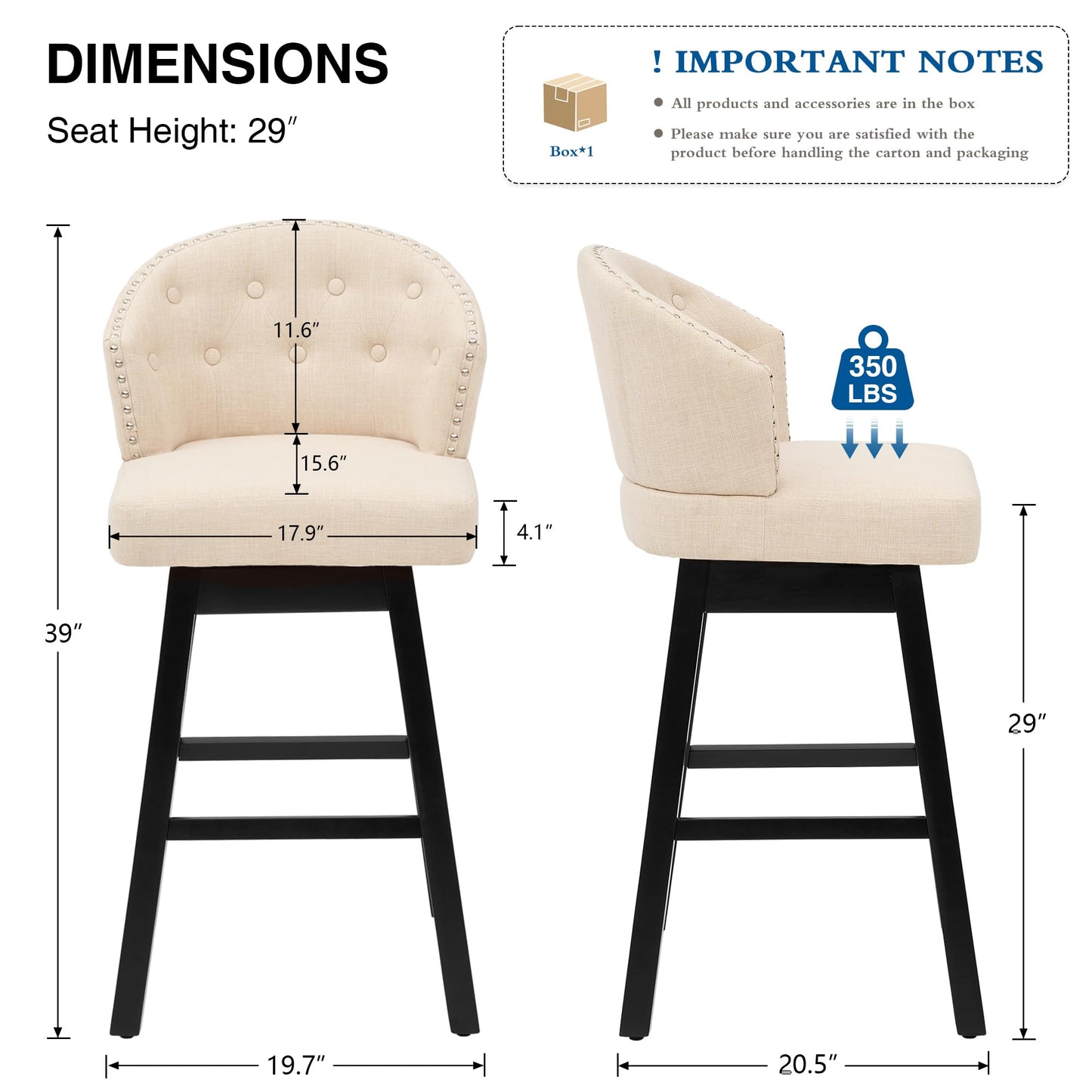 UDAX 29''Swivel Bar Stools Set of 2, Upholstered Barstools with Backs, Modern Counter Height Bar Stool Chairs for Kitchen Island, Wood Legs, Counter Stools