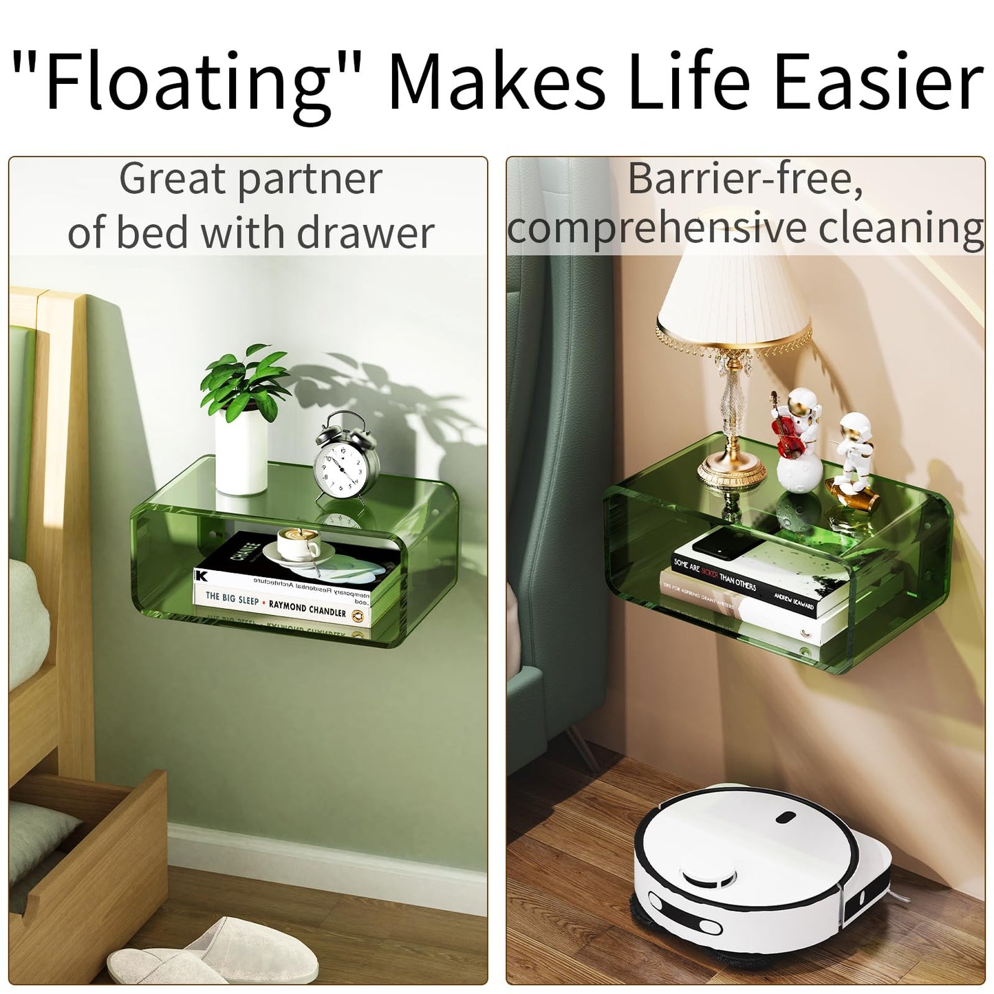 Acrylic Floating Nightstand, Bedside Table, Nightstand Shelf Wall Mounted Bedside Shelf (Green, Small)
