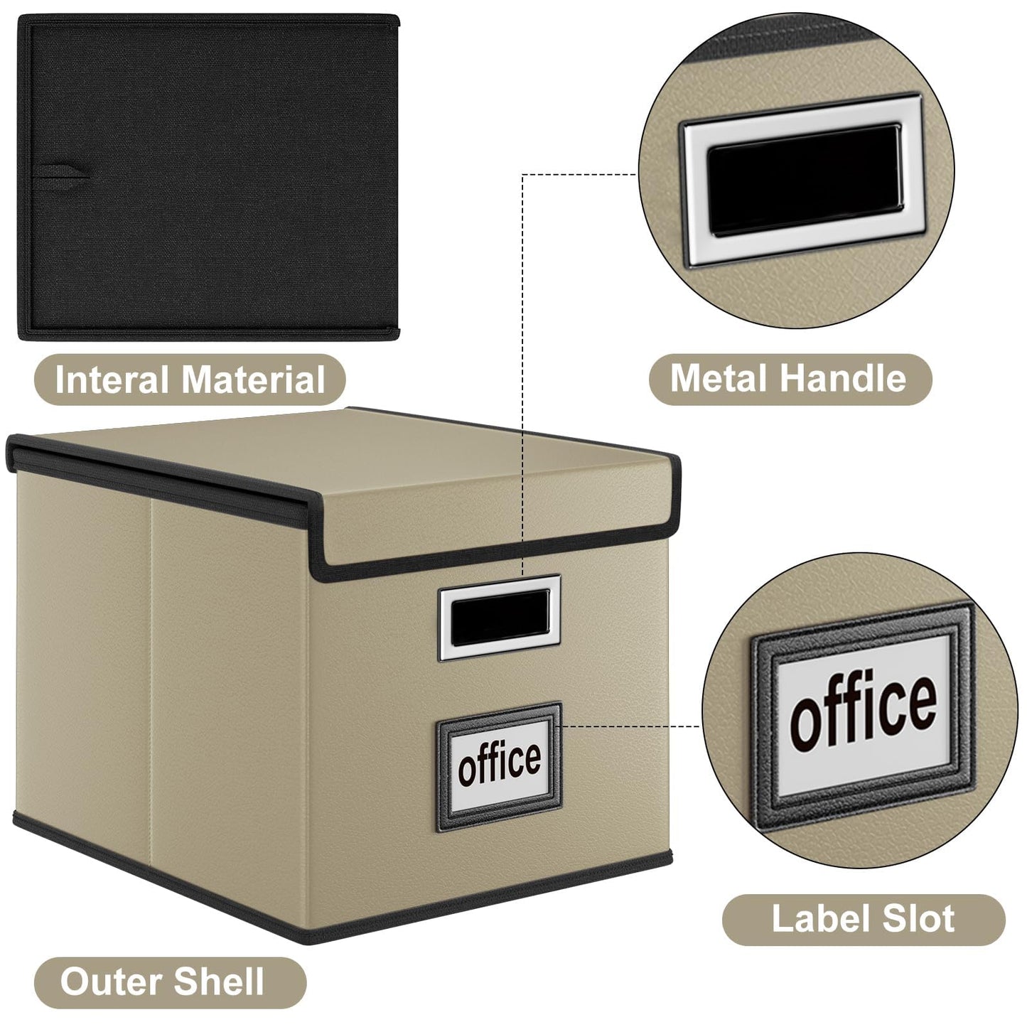 Huolewa Faux Leather File Organizer Box with Lid, Collapsible Hanging File Folder Box Organizer with Plastic Slides, Decorative Home/Office Filing System Boxes for File and Folder Storage-Khaki