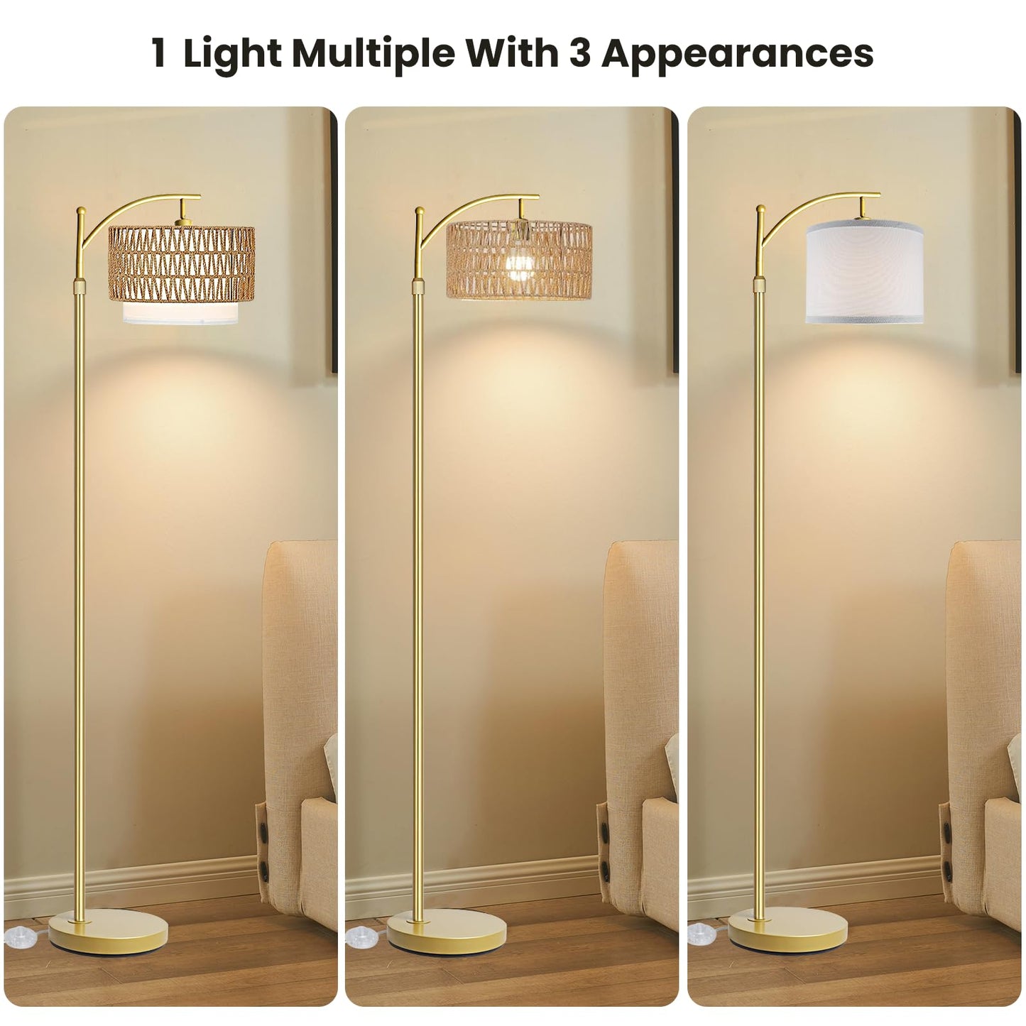 Yusist Arc Floor Lamp for Living Room,Gold Floor Lamps with Remote Control & Dimmable Bulb,Rattan Boho Tall Standing Lamp for Bedroom Office