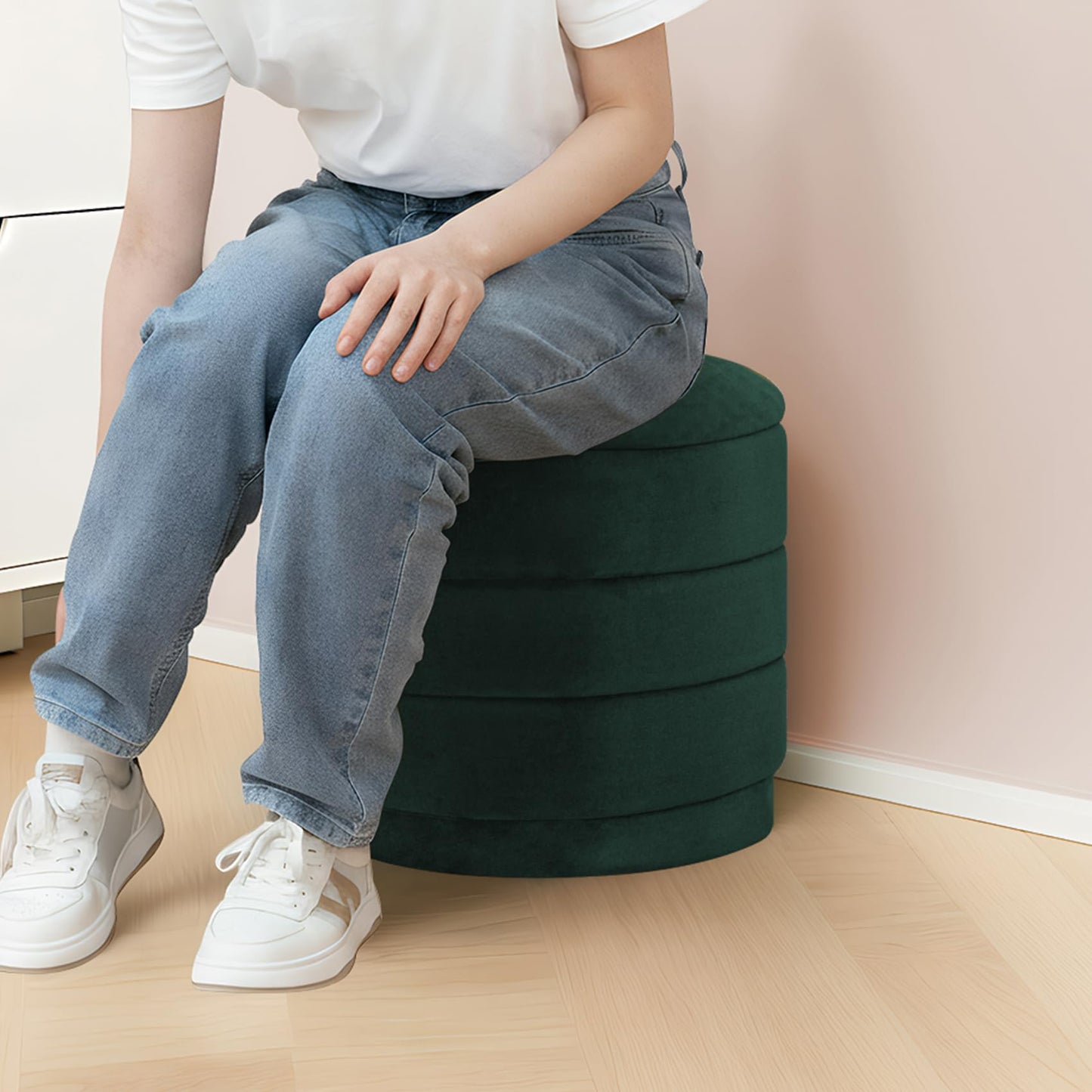 ZOLANOful 15.4" Round Velvet Storage Ottoman with Reversible Lid, Upholstered Circular Ottoman Footrest with Hidden Storage, Foldable Padded Footstool for Dorm Living Room & Bedroom, Bottle Green