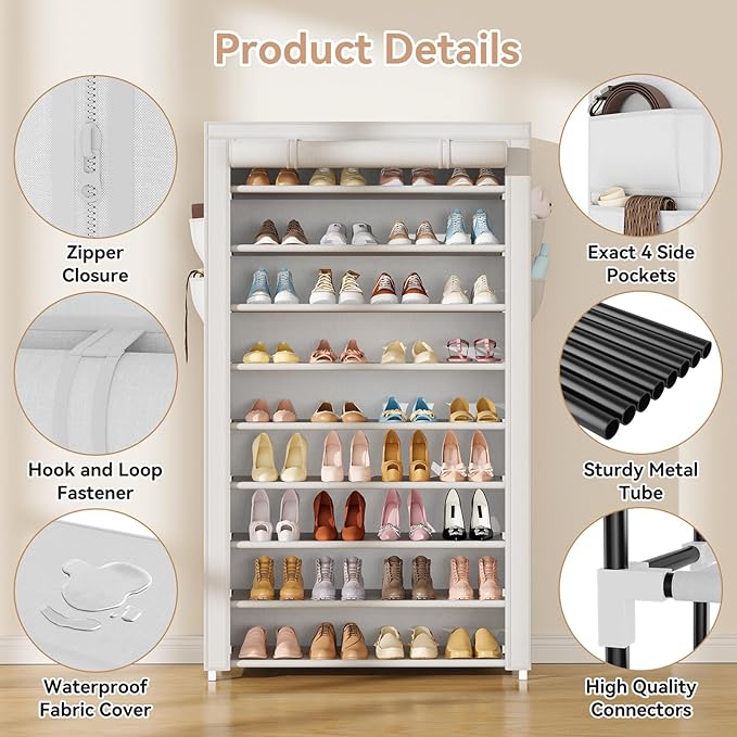LANTEFUL Shoe Rack with Covers 10 Tier Tall Shoe Rack Organizer Large Capacity
