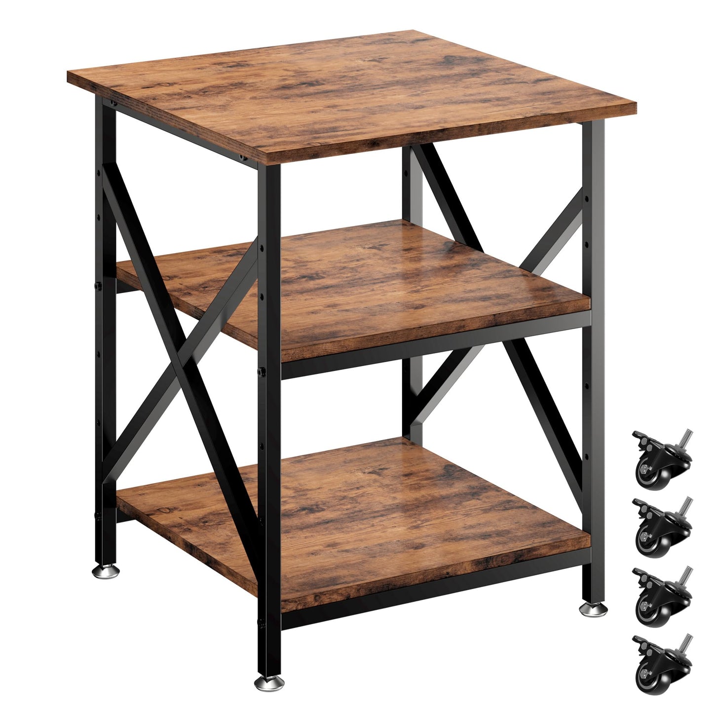 Ollieroo 3 Tier Printer Stand, Large Table with Wheels, Rolling Cart with Height Adjustable Middle Storage Shelf, 23.6 x 23.6 x 30.3 Inches Shelf for Home Office, Vintage Brown