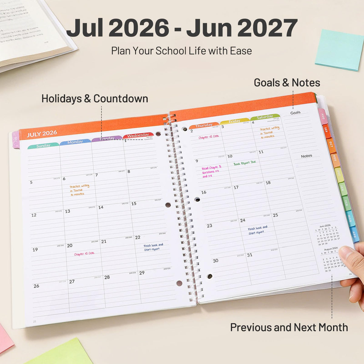 Student Planner 2026-2027, SUNEE Academic Weekly & Monthly Plan Book, Jul. 2026 - Jun. 2027, 8.5"×11" School Planner, Lesson Plan Book with Week's Goals, Bookmark, Monthly Tabs, 3-Hole Punched, Purple