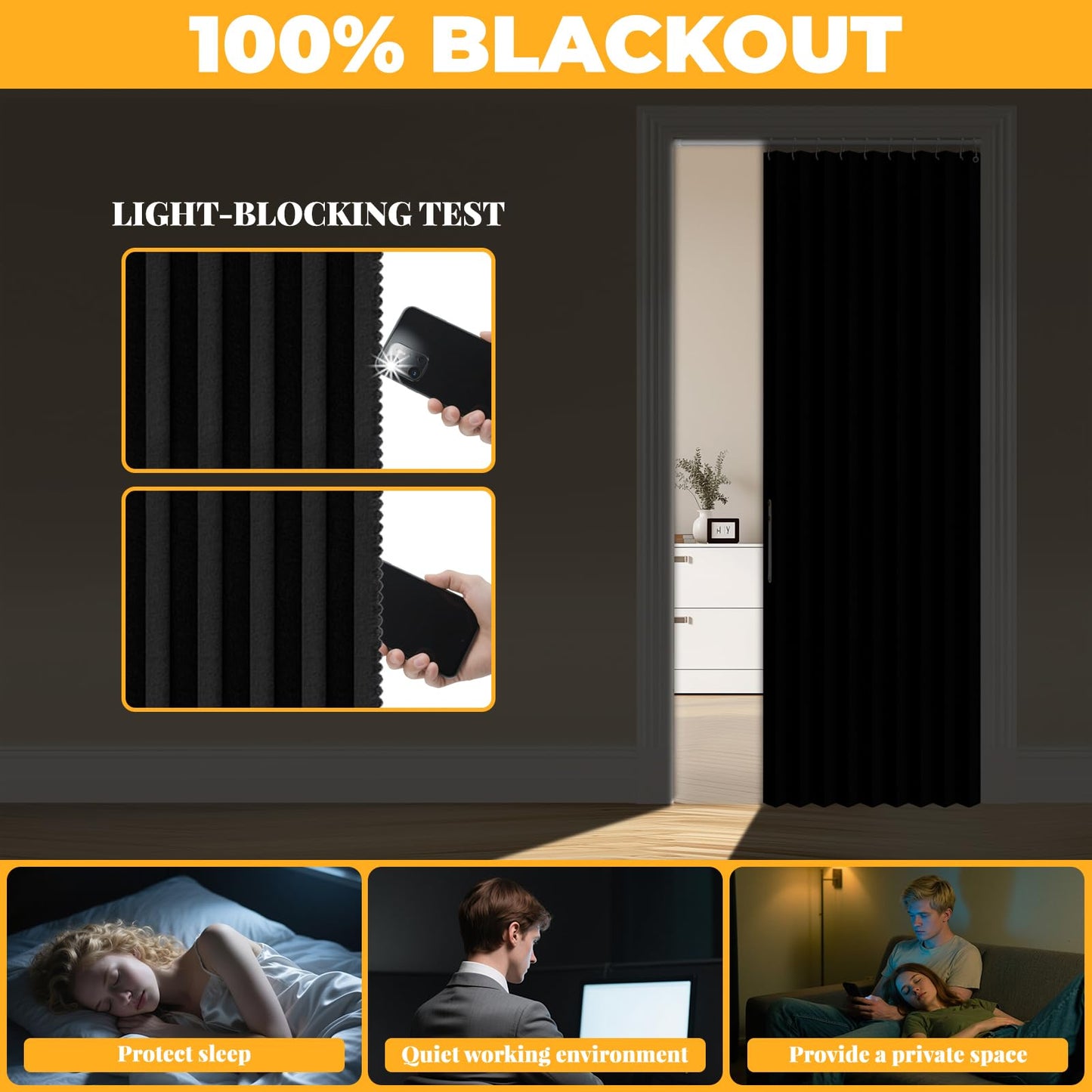 AJAZZ 100% Blackout Accordion Door Closet Curtain Door Curtain Invisible Applicable Bedroom Room Living Room Doorway (Black 72" W x 78" L) 1 Panel