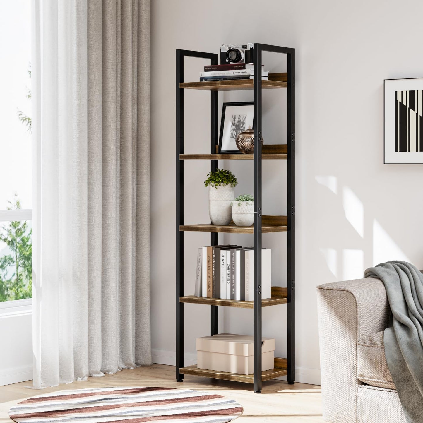 NUMENN Narrow Bookshelf, 5 Tier Bookshelves, Home Office Bookcase Shelf Storage Organizer, Free Standing Storage Shelving Unit for Bedroom, Living Room and Home Office, Dark Walnut