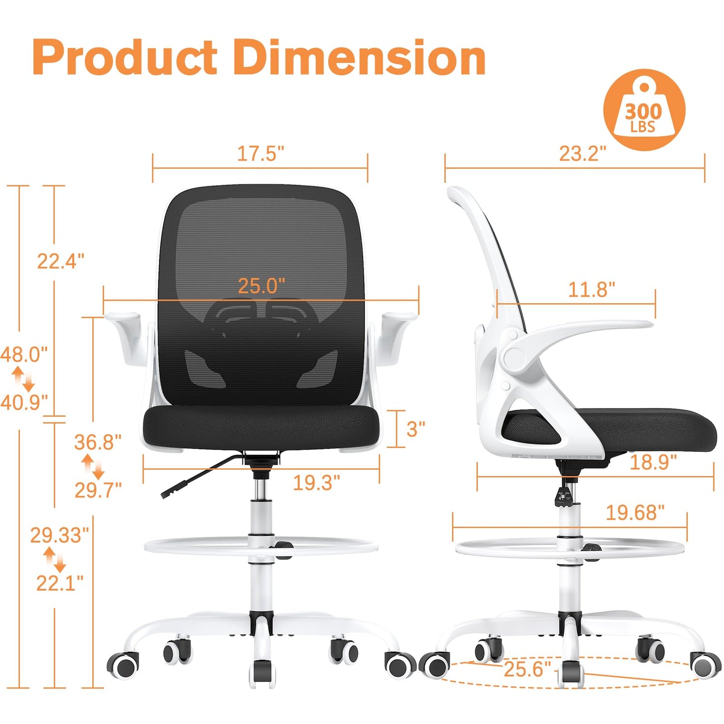 ORRSAKER Drafting Chair, Tall Office Chair with Flip-up Arms, Mesh Ergonomic Computer Standing Desk Chair with Adjustable Height Foot Ring and Lumbar Support, 300 LBS Capacity, White