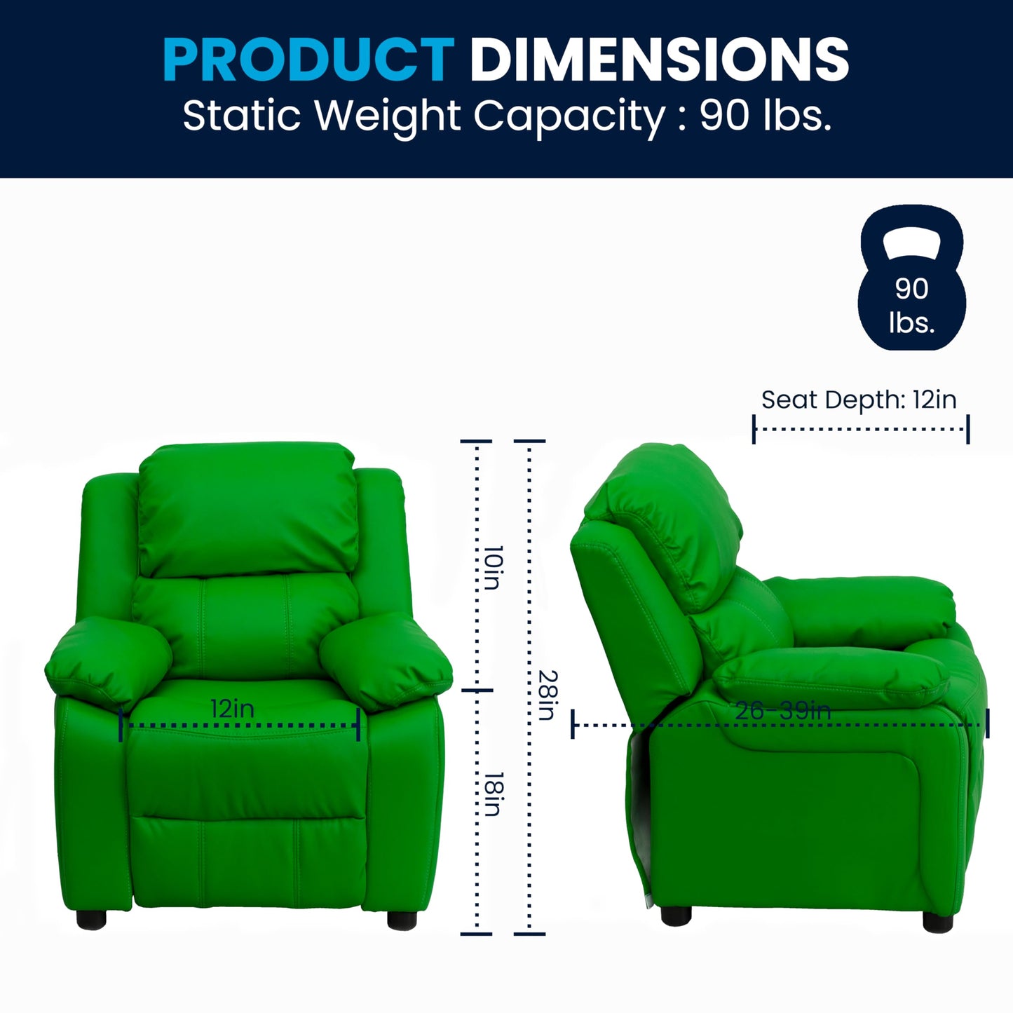 Flash Furniture Charlie Vinyl Kids Recliner with Flip-Up Storage Arms and Safety Recline, Contemporary Reclining Chair for Kids, Supports up to 90 lbs., Green