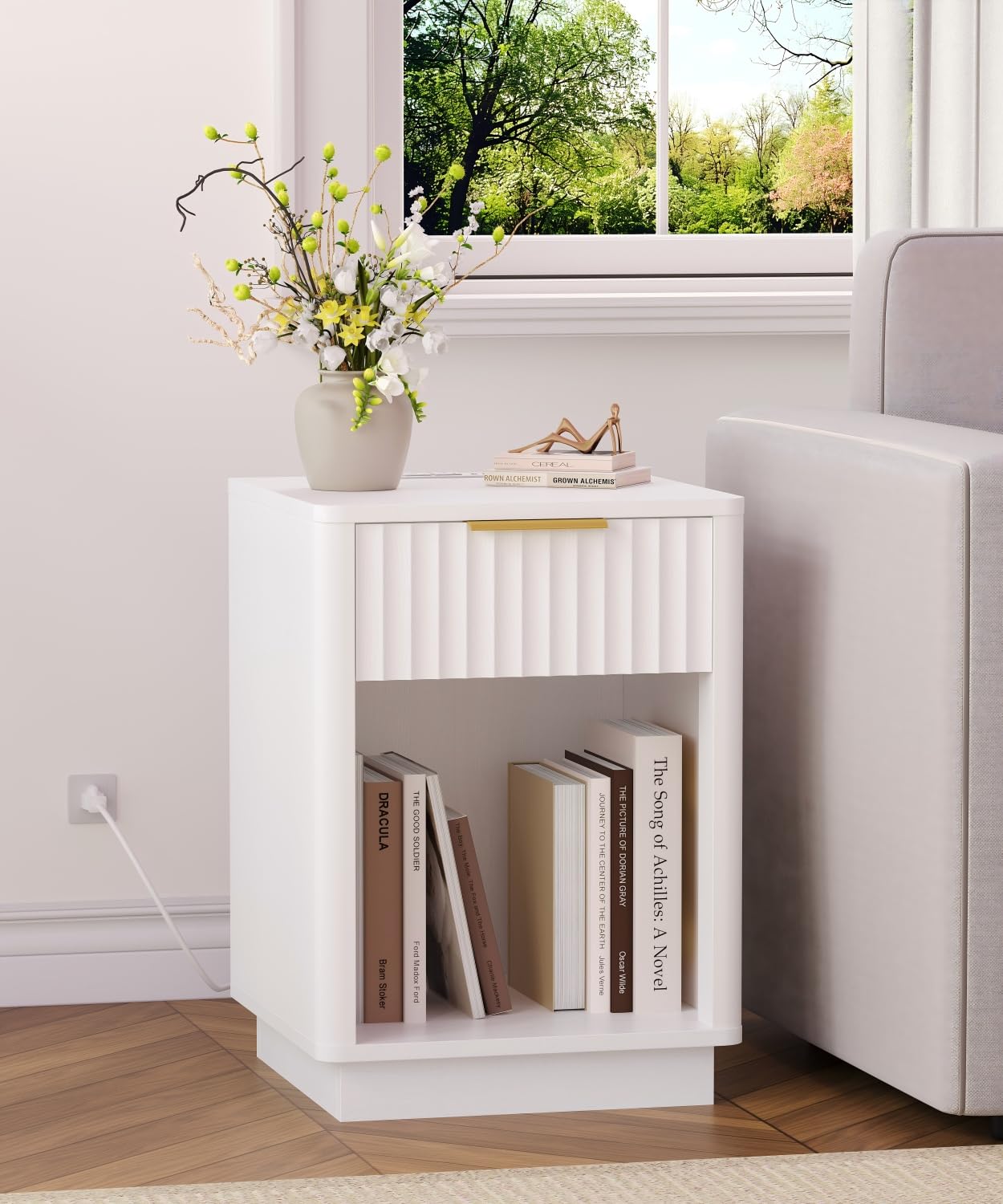 Akxomel Fluted Nightstand, Wooden Night Stand with Charging Station and LED Light, Modern Mid Century End Table with Drawer, 15" D x 15.7" W x 22.6" H, for Bedroom, White