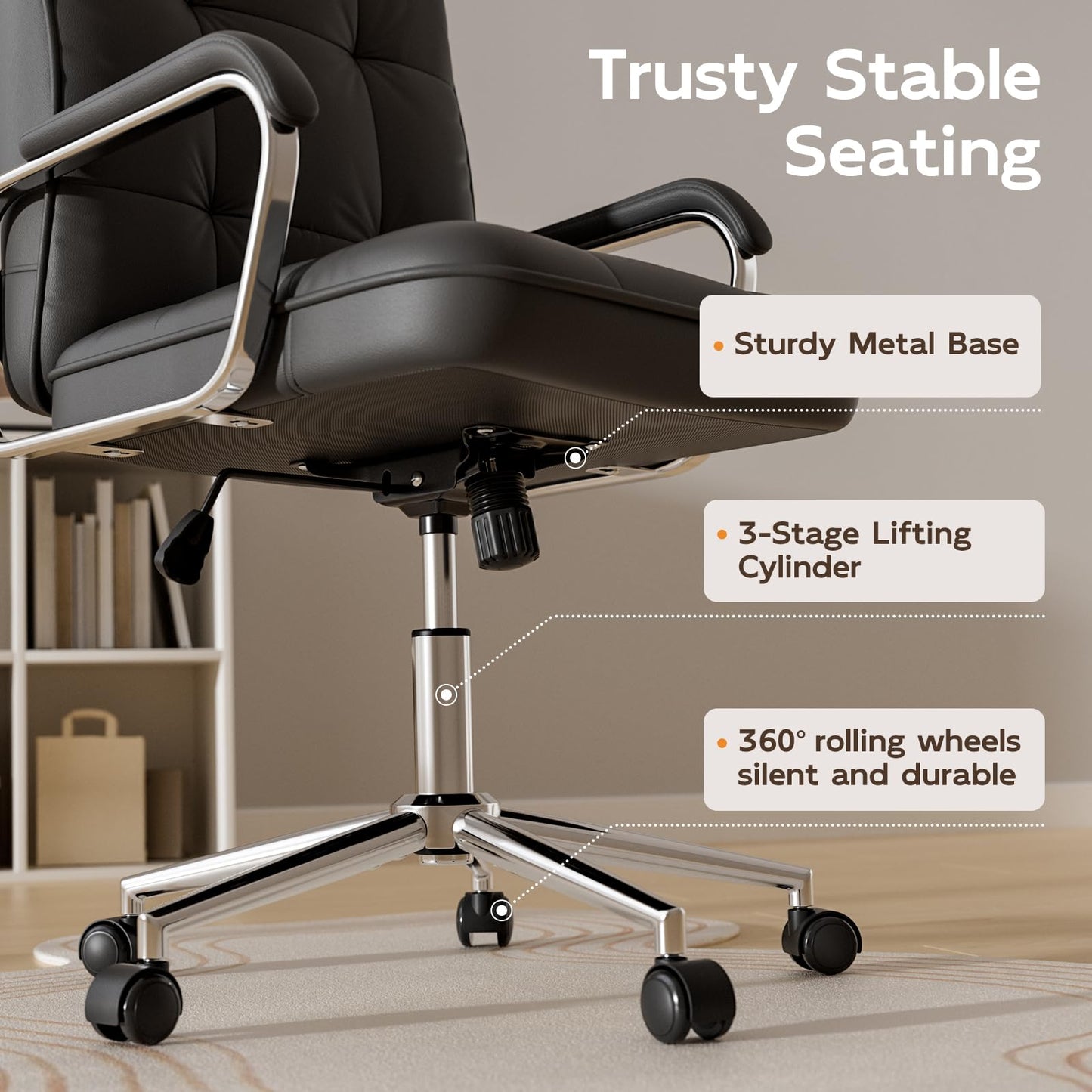 HomeZeer Black Office Chair, Mid Back Leather Desk Chair with Wheels and Padded Arms, Swivel Vanity Chair for Bedroom, Computer Chair for Study and Work