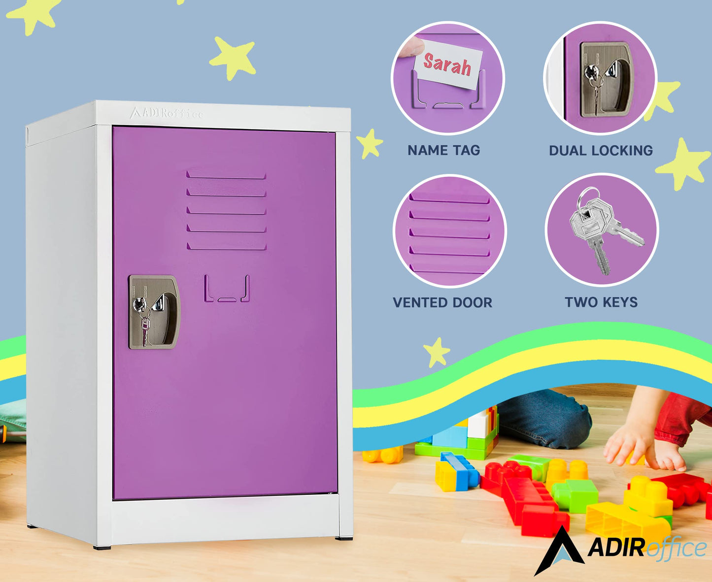 AdirOffice Kids Steel Metal Storage Locker - for Home & School - with Key & Hanging Rods (24 in 1 Door, Purple)