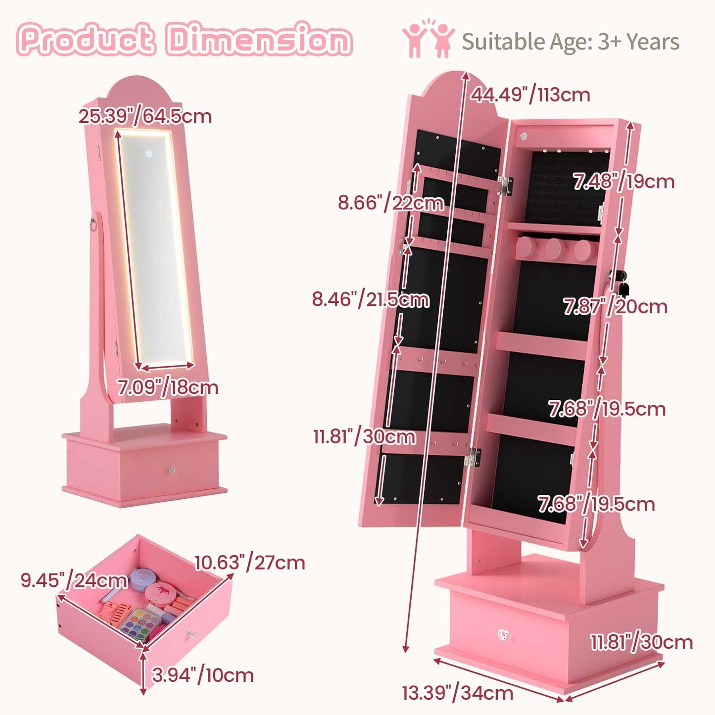 INFANS Kids Jewelry Armoire Cabinet with LED Lights, Lockable Standing Organizer with Full-length Mirror, Unicorn Theme Children Vanity Dress Up Storage Rack for Girls