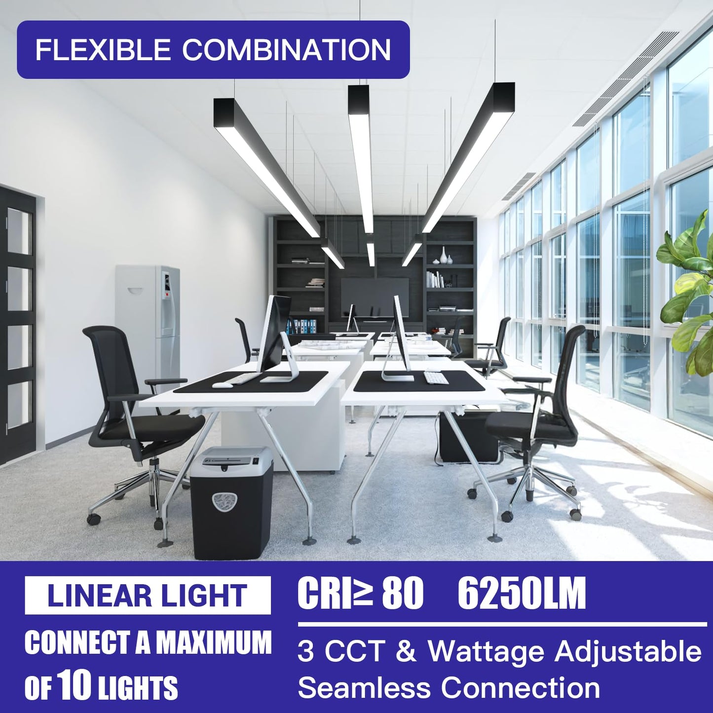 JTT 4FT LED Linear Light,50W/40W/30W Linkable Office Light Fixture,3000K-5000K Selectable,0-10V Dimmable Architectural LED Suspension Ceiling Hanging for Shop Basement Light Dining Gym Room, 4 Packs