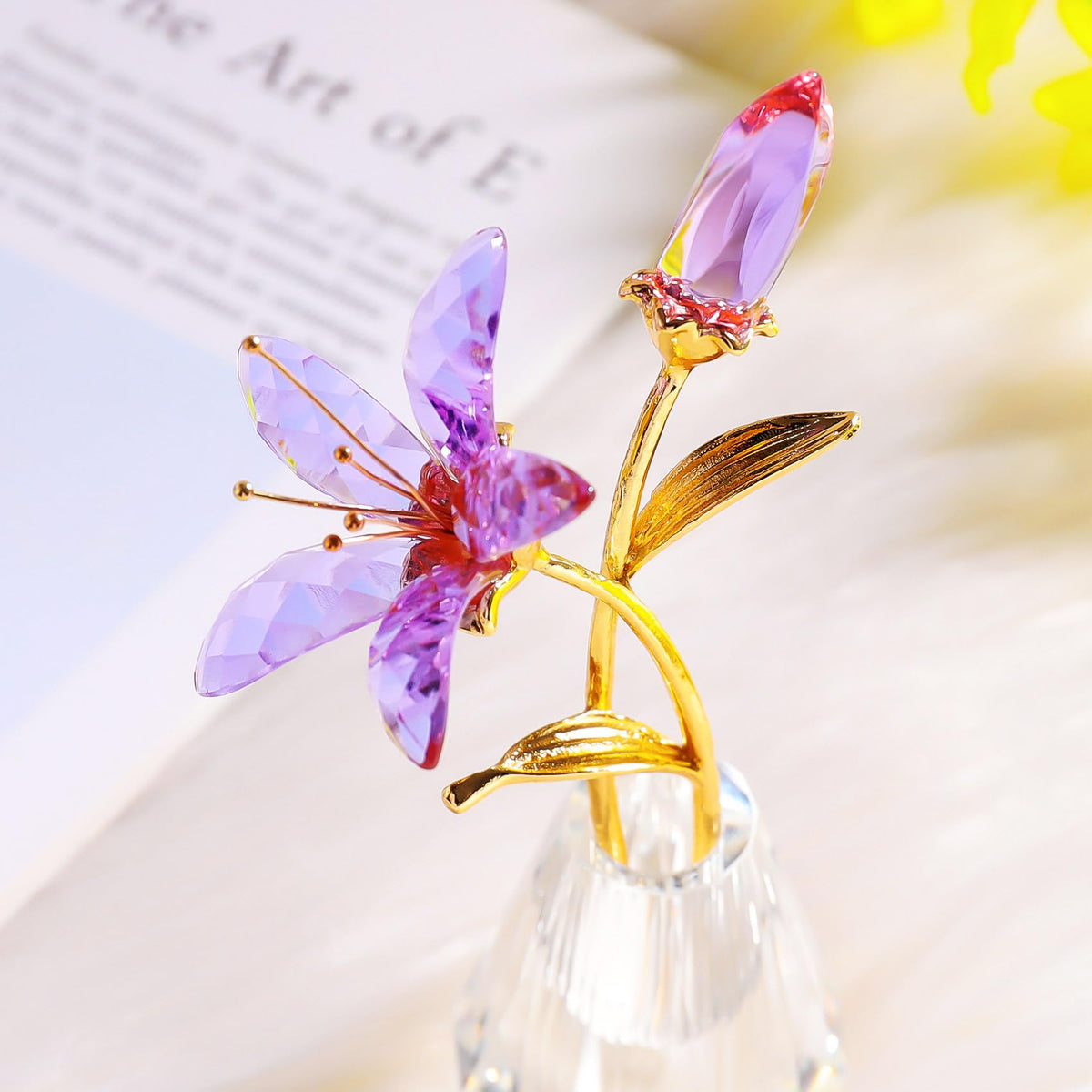 YWHL Purple Lily Flower Gifts for Women, Handmade Crystal Lily Flower Figurine Collectible with Vase, Home Wedding Party Decor