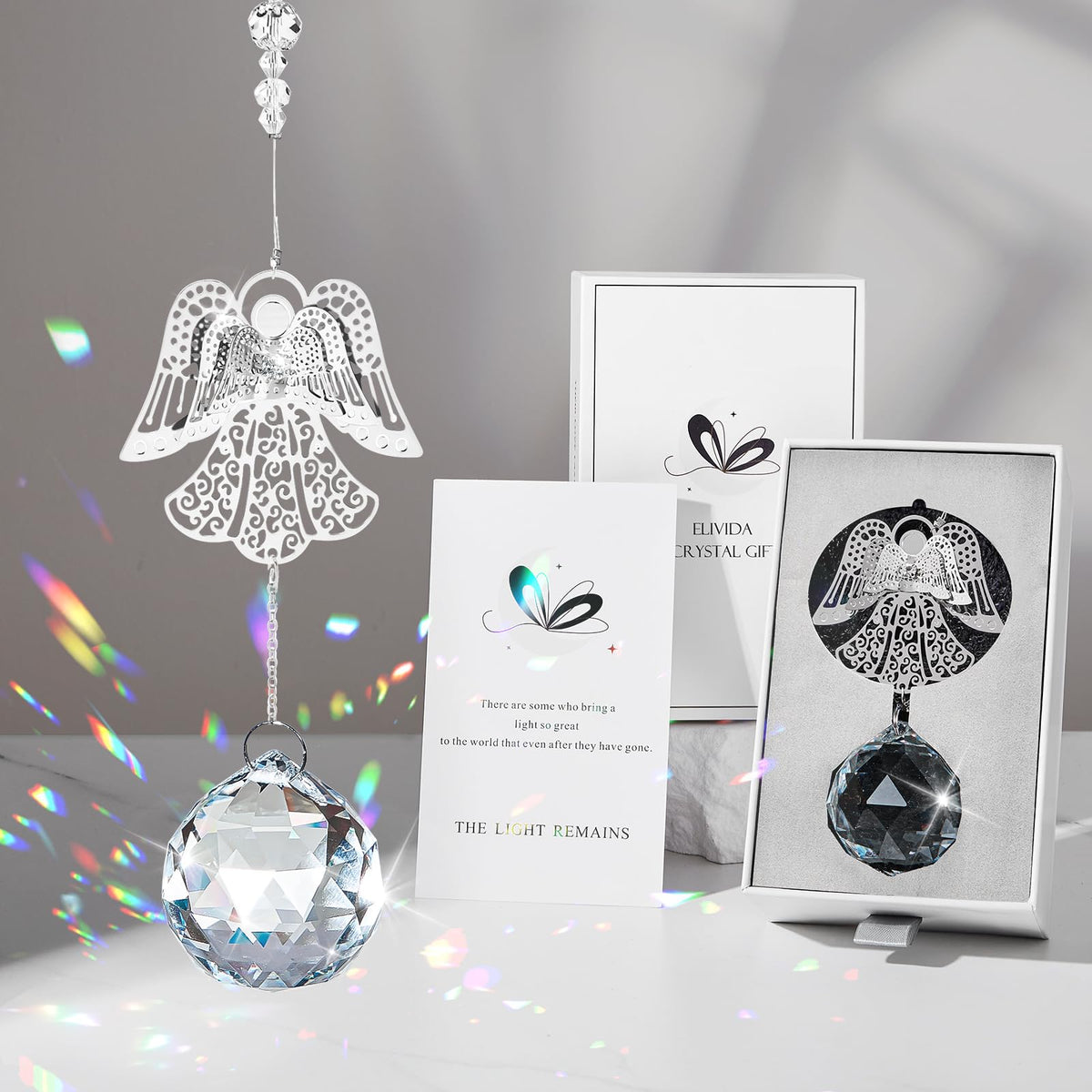 Elivida Memorial Modern Sympathy Gift for Loss of Mom - 3D Angel Design Grief Hanging Ornament With 40mm Clear Crystal Ball Rainbow Maker - Bereavement Idea for Women