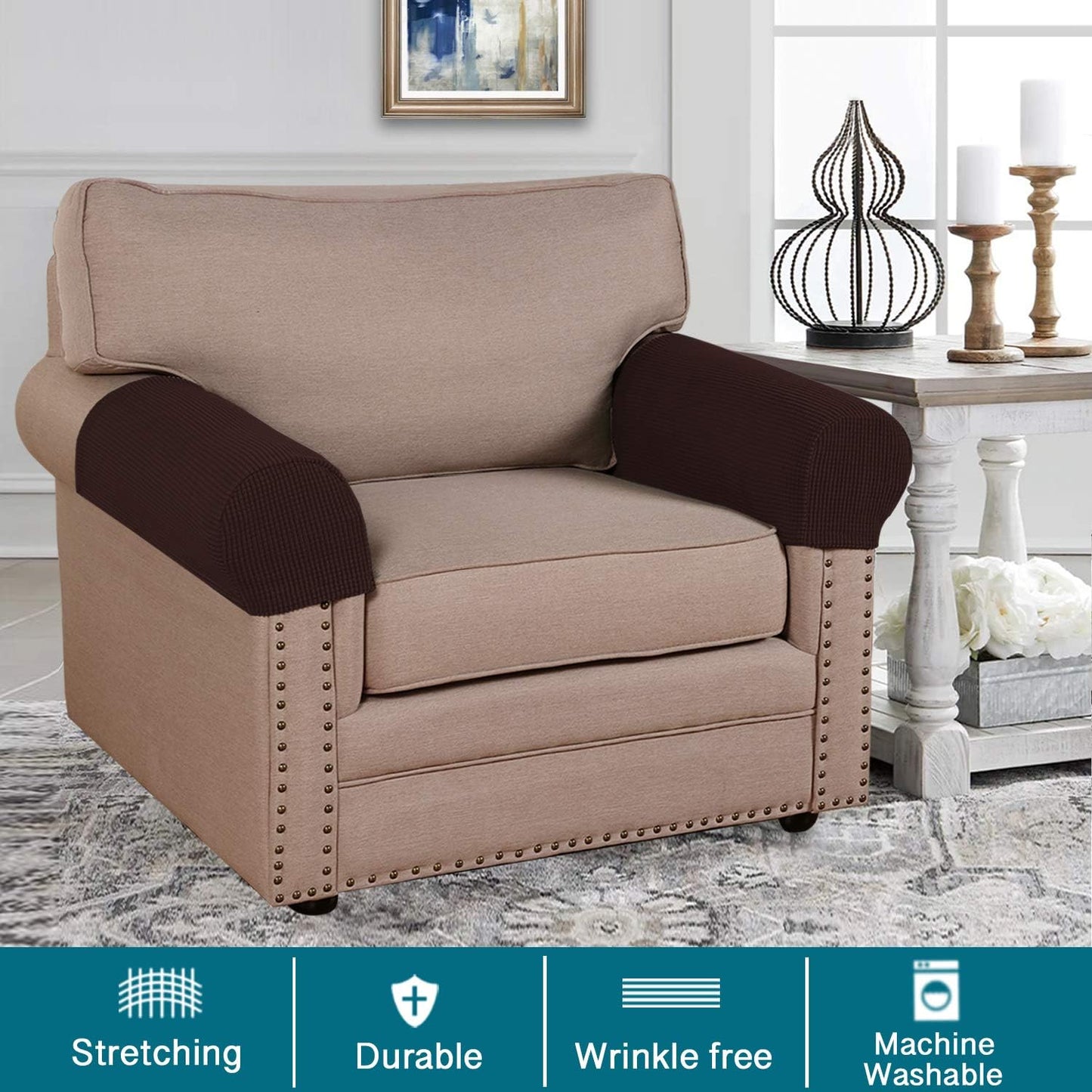 Turquoize Stretch Armrest Covers for Chairs and Sofas Couch Arm Covers for Sofa Spandex Jacquard Armrest Cover Anti-Slip Furniture Protector Washable Armchair Slipcovers for Recliner Set of 2, Brown
