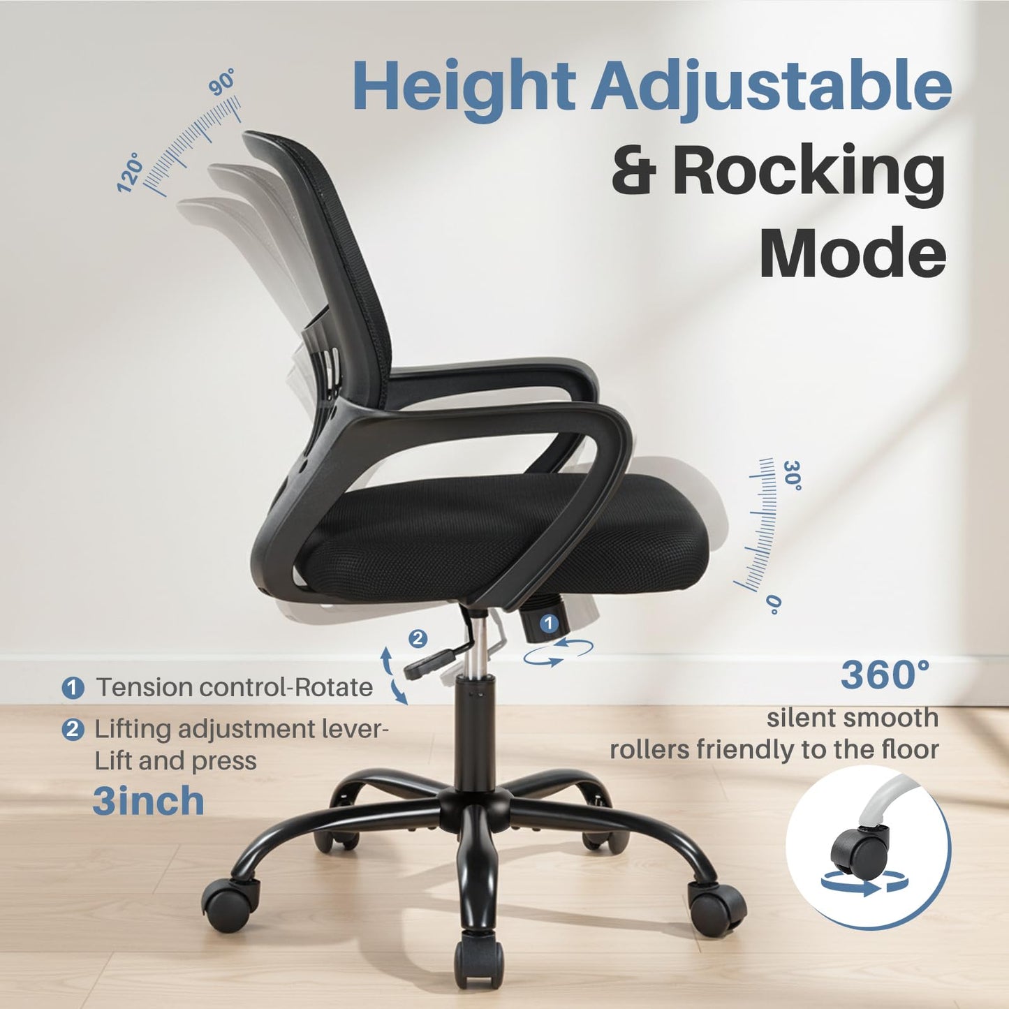 DUMOS Home Office Chair - Ergonomic Mid Back Mesh Desk Chair with Lumbar Support & Rocking Mode, Height Adjustable, Fixed Armrest, for Conference, Computer, 360° Swivel, Adults, Black