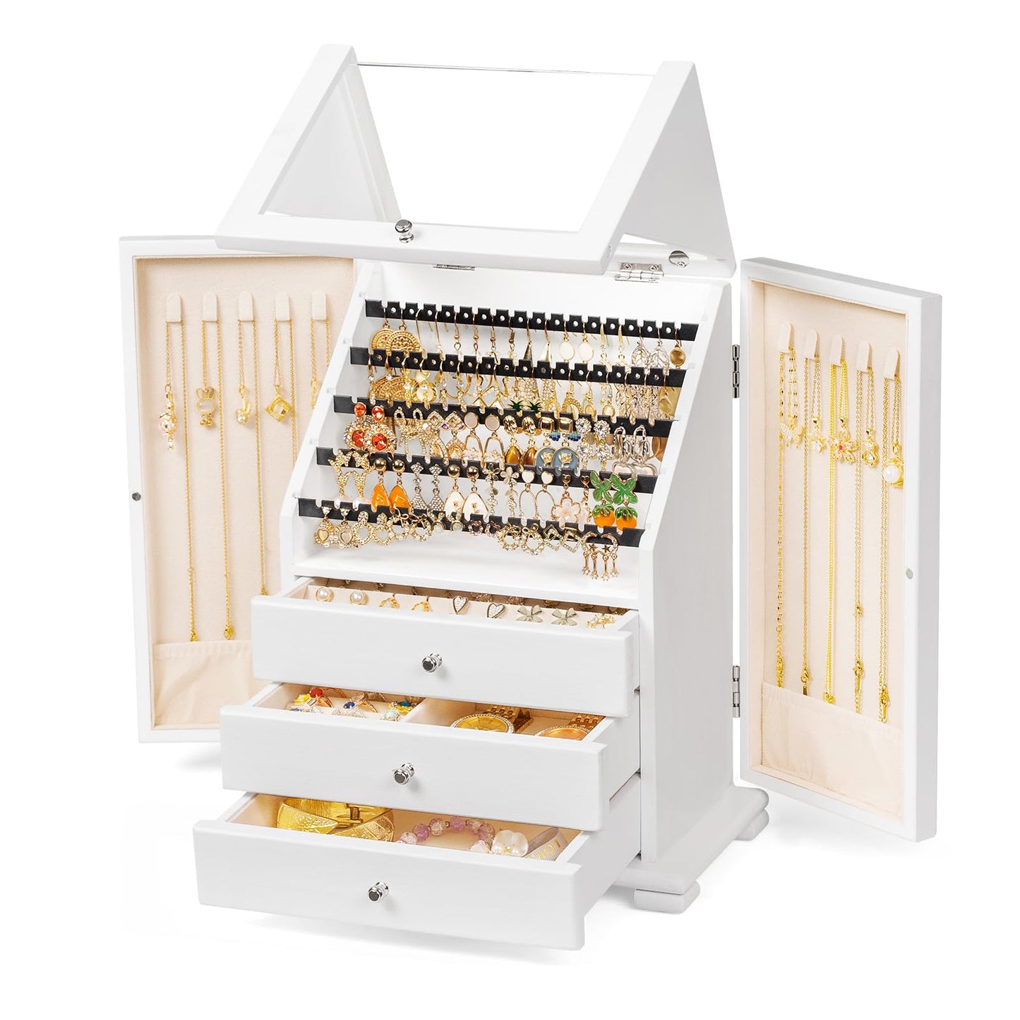 Srillollar Jewelry Box Organizer, Rustic Wooden Jewelry Boxes for Women Girls, Large Storage Earring Holder Organizer Display for Earrings Necklaces Rings Bracelets (White)