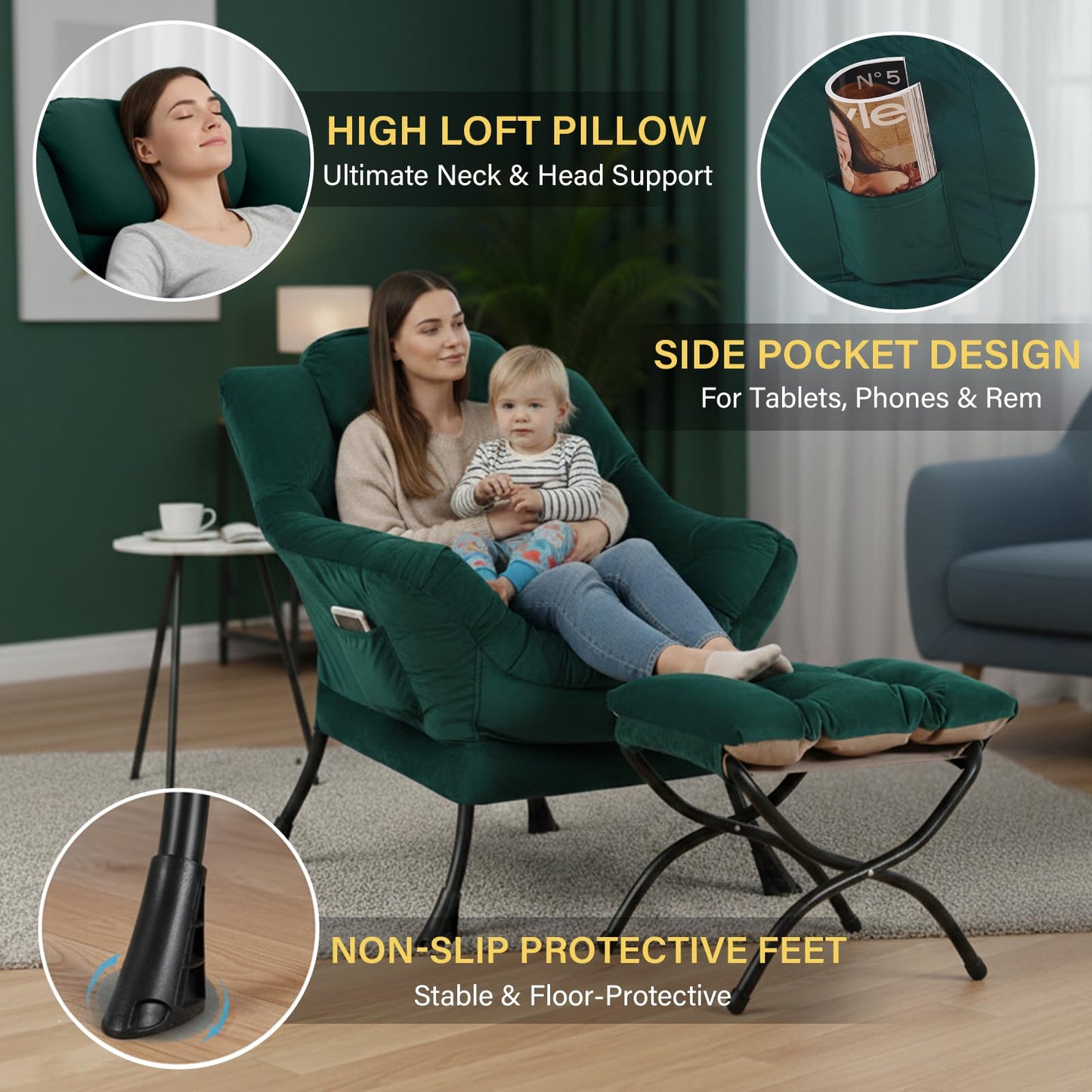 Givjoy Lazy Chair and Ottoman, Large Green Velvet Accent Chair with Side Pocket, Modern Leisure Upholstered Sofa Reading Armchair with Footrest for Office, Bedroom, Living Room, Dorm Rooms, Balcony