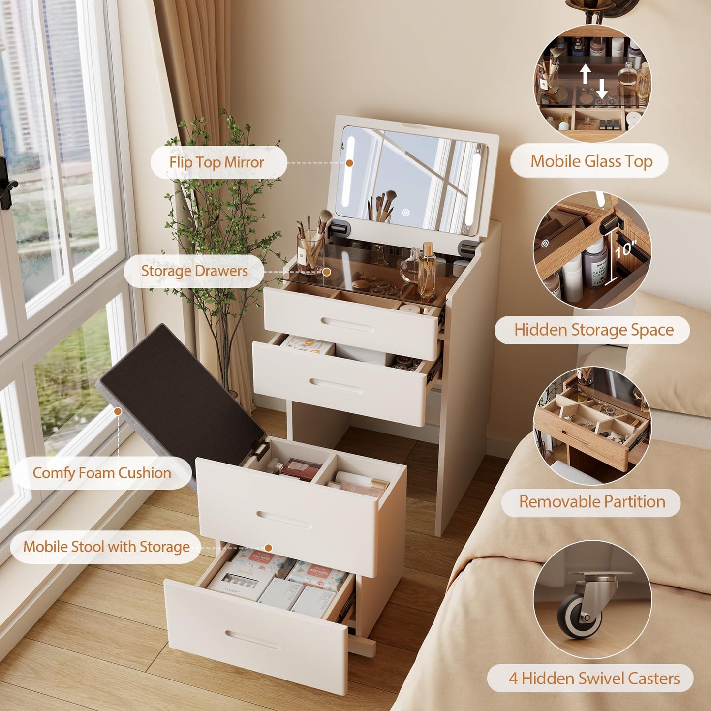 Muwuele Solid Wood 3 in 1 Vanity Desk with Flip Top Mirror, No Assembly, Compact Vanity with Hidden Chair, Small Makeup Vanity Set with Power Outlet, Dressing Table for Bedroom, White