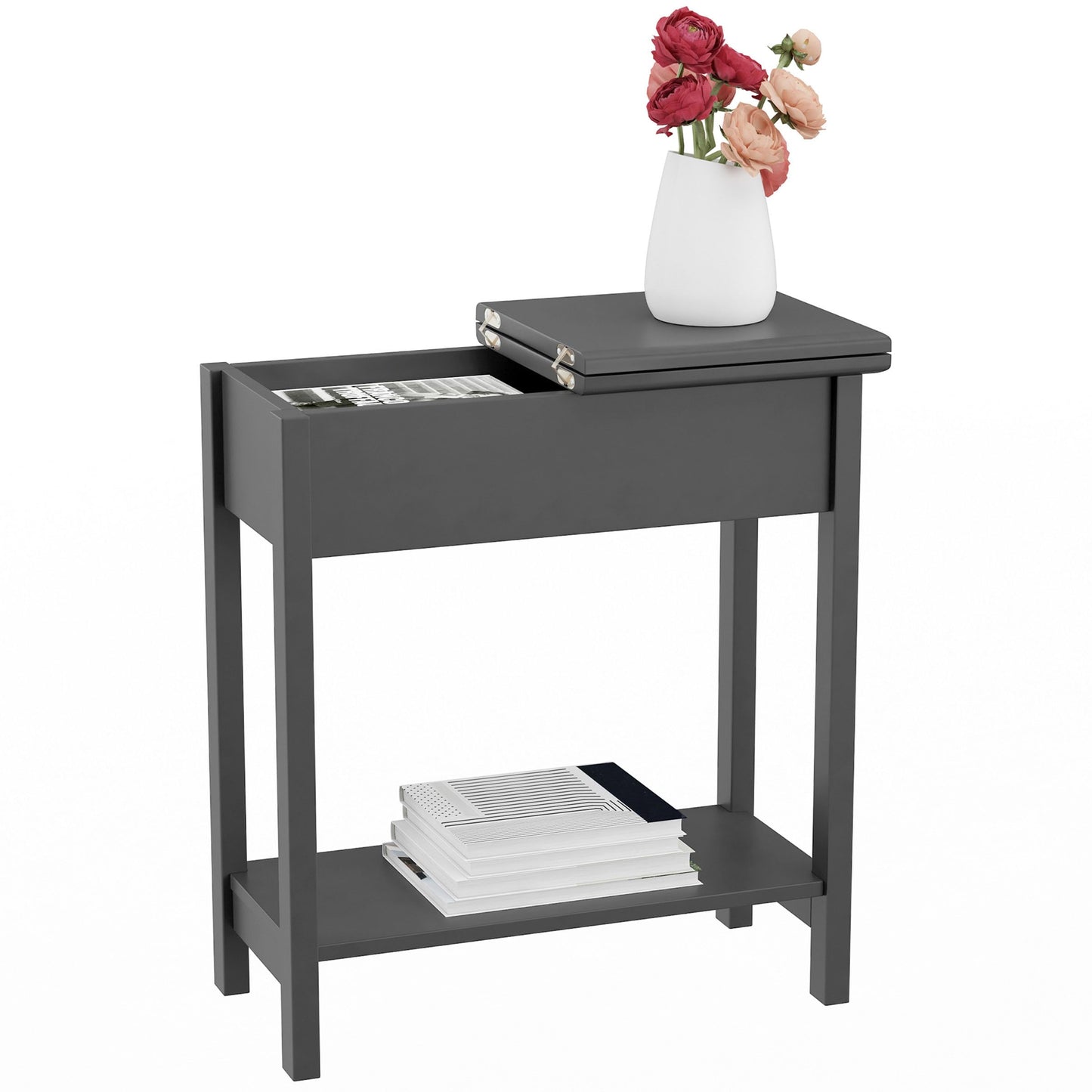 Lavish Home Flip Top End Table – Set of 2 Living Room End Tables with Hidden Hinged Storage Compartment and Lower Shelf (Gray)