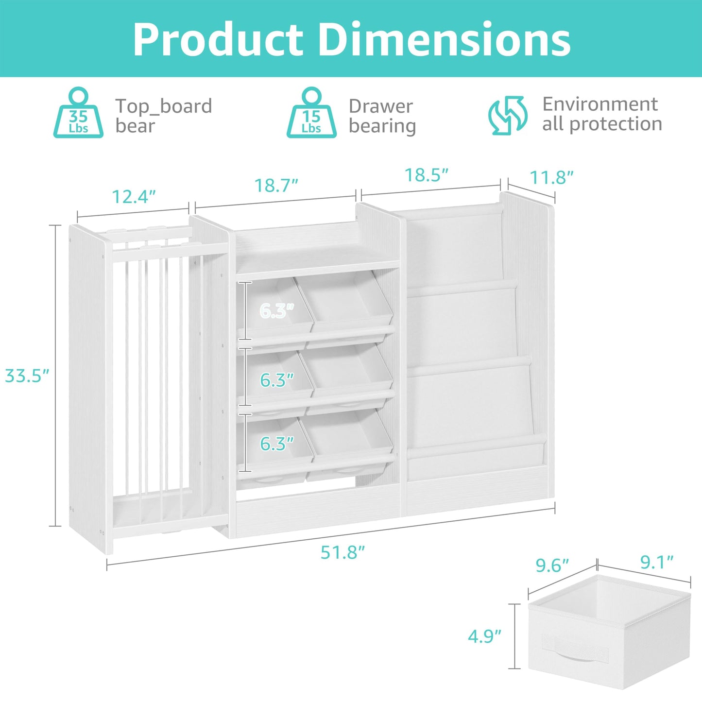 BOLUO Kids Toy Storage Organizer with Bookshelf, 3-in-1 Kid Book and Toy Storage Holder Shelves for Baby Toddler Playroom Living Room White