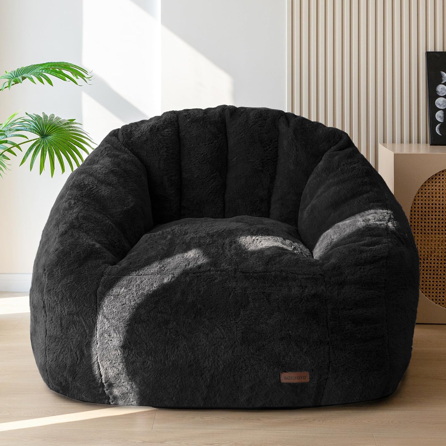 MAXYOYO Giant Bean Bag Chair, Oversized Bean Bag Couch for Adults and Kids, Faux Fur Shell-Shaped Large Chair with Filler, Stuffed Big Accent Sofa Lounge Floor Sofa for Gaming, Reading, Black