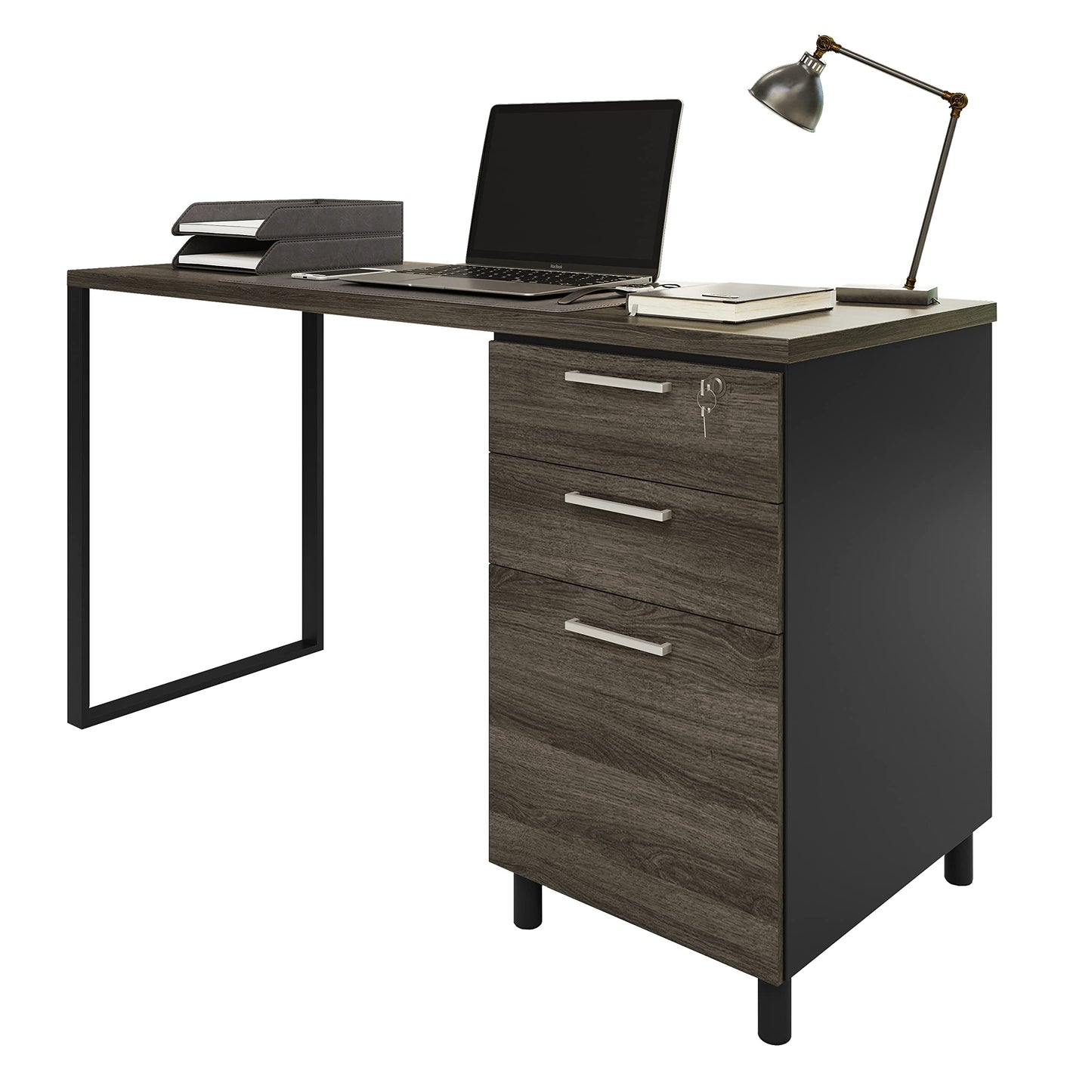 Modern Design Milano Office Computer Desk with 3 Locking Drawers, 48 Inch Grey and Black Industrial Wood Desk with Filing Drawer and Storage by Crafts and Comfort