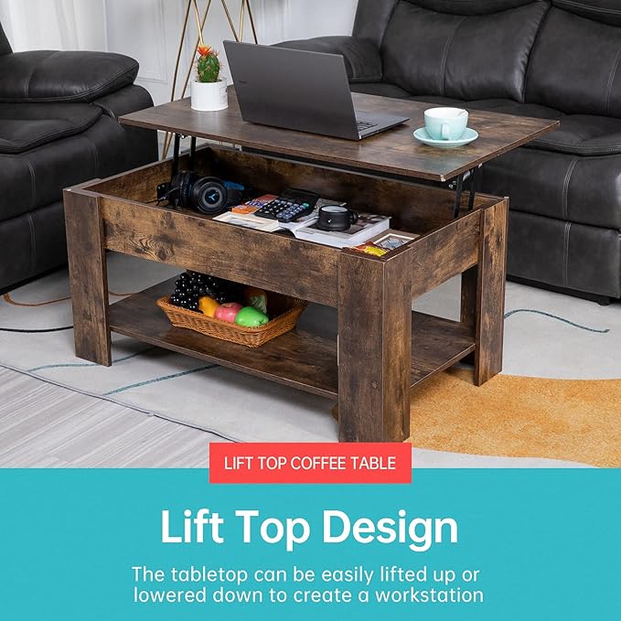 FDW Lift Top Coffee Table with Hidden Compartment and Storage Shelf Wooden Lift