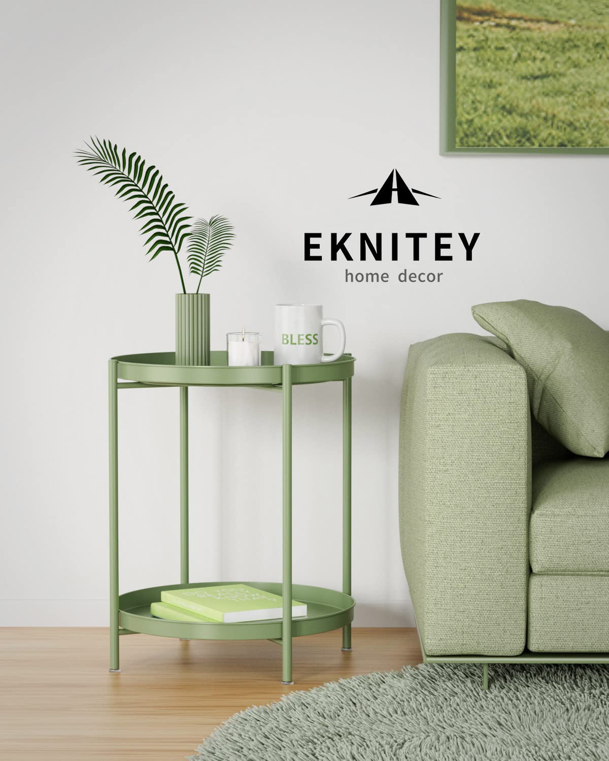 EKNITEY 2 Tier End Table - Metal Side Table Waterproof Small Sofa Coffee Side Tables Bedroom Indoor Outdoor with Removable Tray for Living Room Bedroom Balcony and Office (Atrovirens)