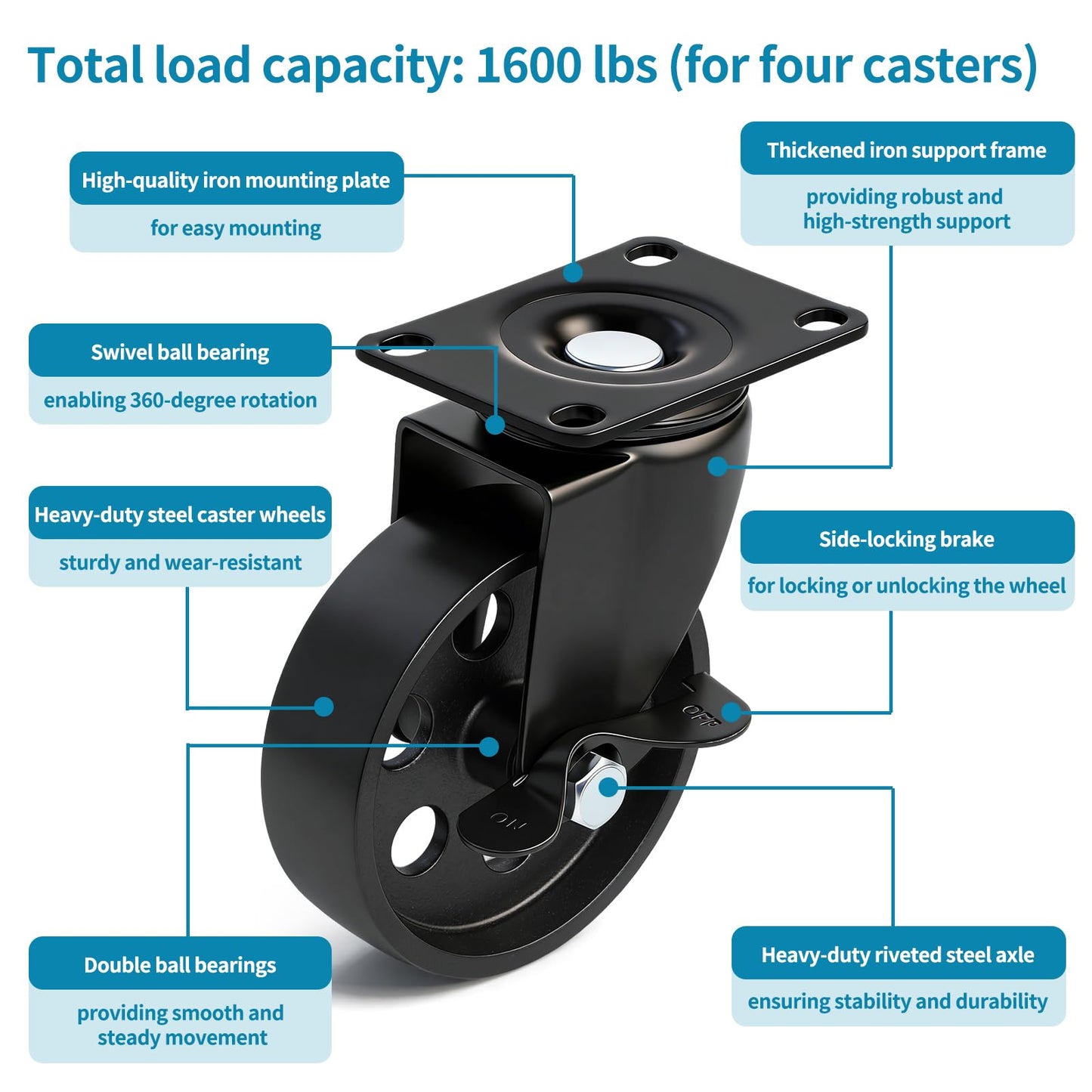 Skelang 4" Metal Swivel Plate Caster Wheels, Heavy-Duty Cast Iron Casters with Brakes for Wooden Furniture, Set of 4 (Combo)