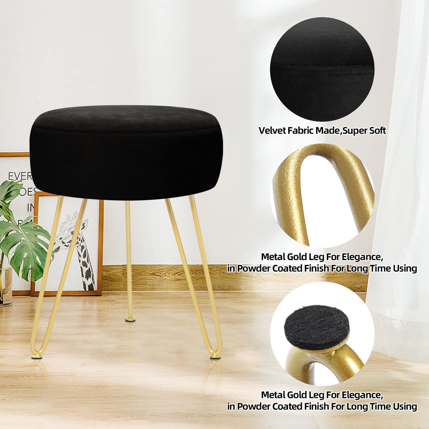 YOONIC Velvet Soft Modern Vanity Footstool -Round Footrest Stool Ottoman Side Table Seat Dressing with Golden Metal Leg and Sponge Filling,Upholstered Foot Rest, for Living Room and Bedroom Black